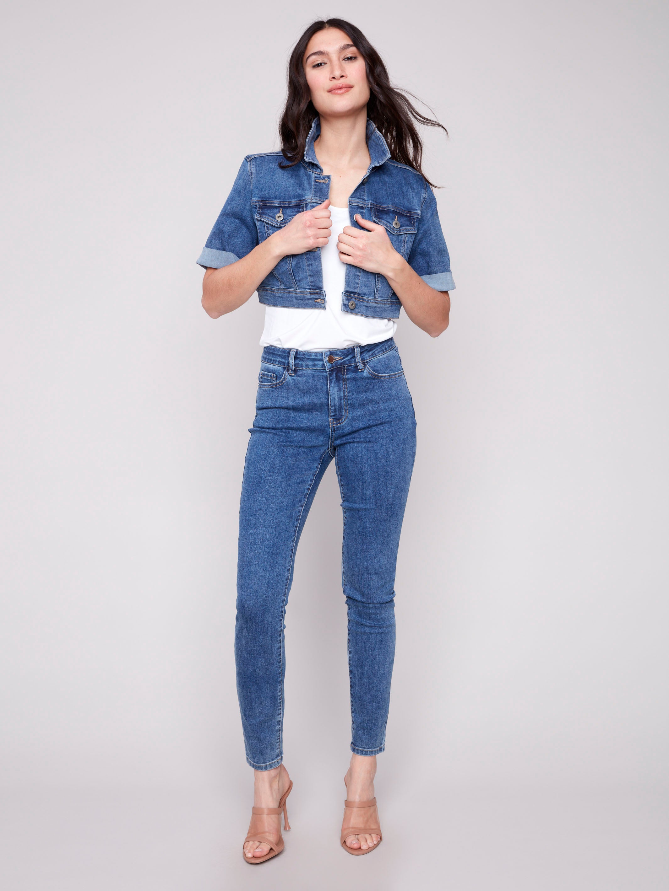 Stylish Cropped Denim Jacket for Women - Medium Blue Wash | Perfect for Spring Layering & Casual Outfits