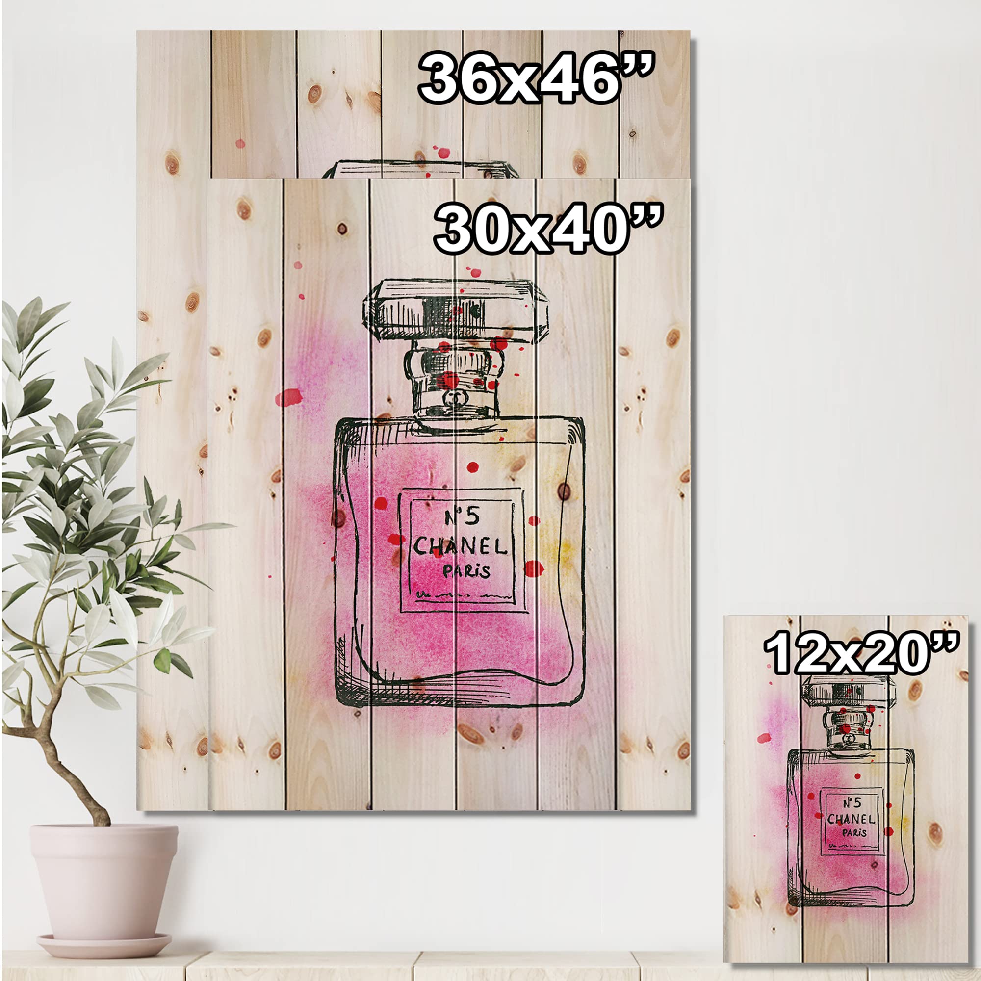 Chanel No. 5 Inspired French Country Wood Wall Art - Pink Large Fashion Wall Decor Printed on Natural Pine Wood - Perfect for Living Room, Bedroom & Office Decor