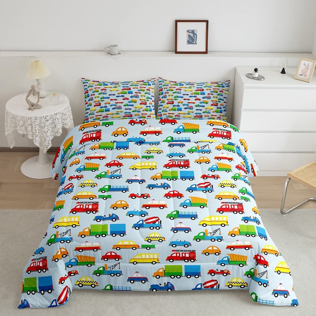 Feelyou Kids Construction Truck Comforter Set - 2 Piece Toddler Bedding with 1 Comforter & 2 Pillowcases (King Size) - Fun Tractor & Cartoon Vehicle Design for Boys & Girls - Perfect for Nursery, Daycare or Travel