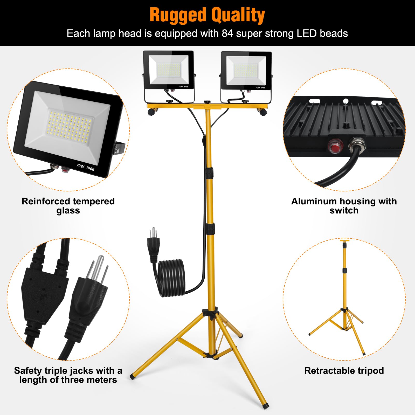 21,000 Lumen Heavy-Duty LED Work Light Stand with 2 Adjustable Heads & Collapsible Tripod - 6,500K Bright White Light for Construction, Auto Repair, and Outdoor Projects - Halogen Light Replacement