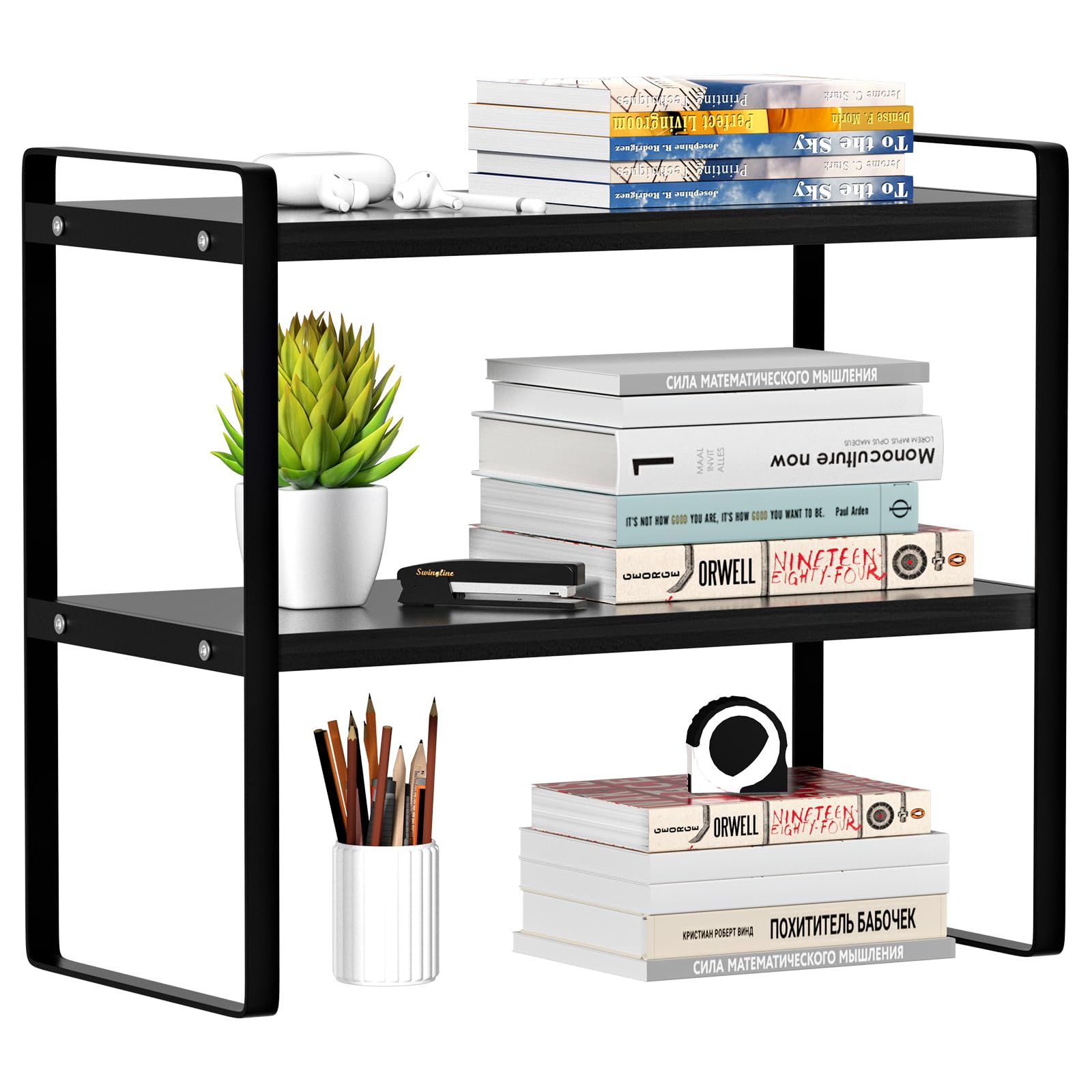 2-Tier Wooden Desk Shelf Organizer - Office Storage Rack for Books, Supplies & Decor | Perfect for Desk, Dresser Top | Ideal for Home, Office & Dorm Organization (Black)