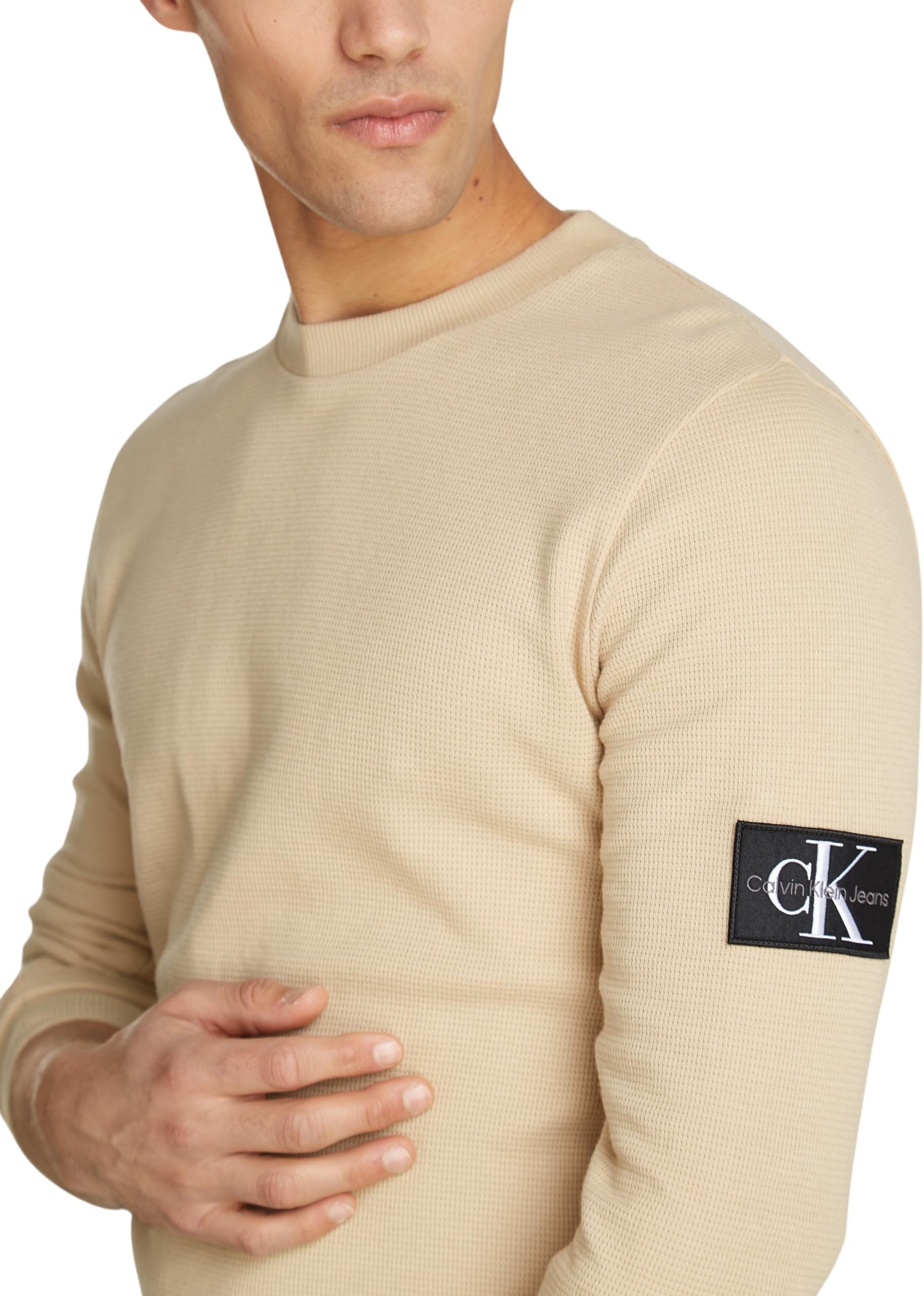 Calvin Klein Men's Long Sleeve Waffle Knit Badge Logo T-Shirt - Comfortable Casual Top for Everyday Wear, Work & Weekend Outfits