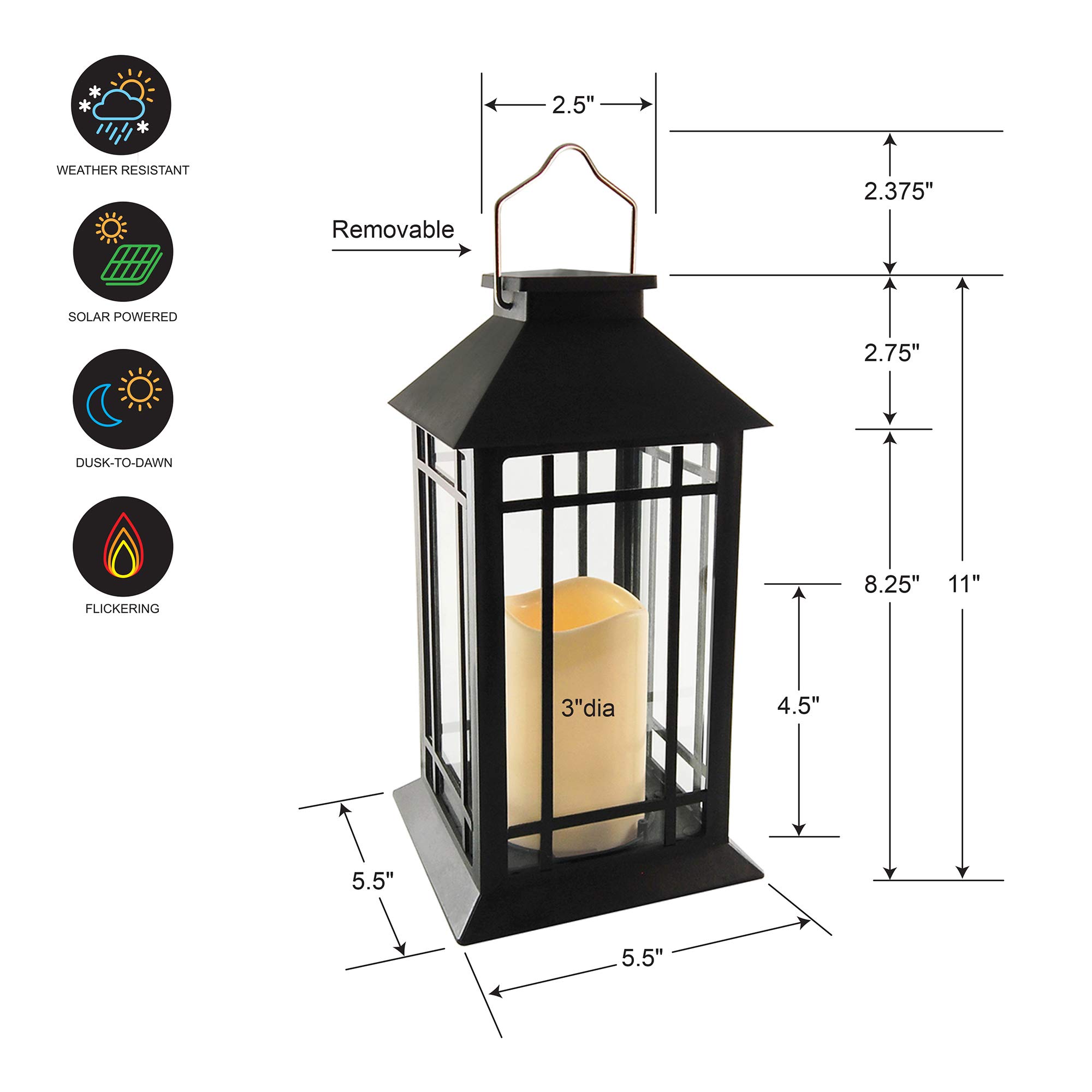 LumaBase Solar Powered LED Candle Lantern - Black Outdoor/Indoor Window Decor for Patio, Garden & Emergency Lighting
