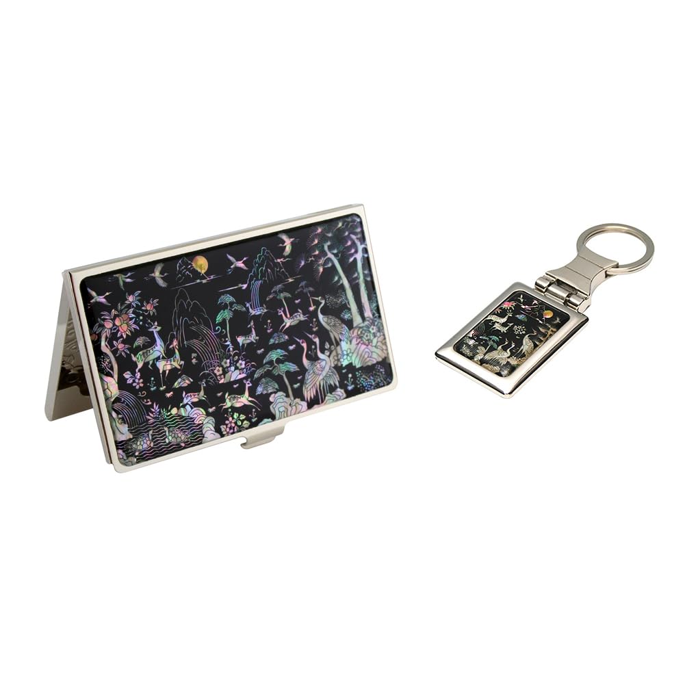 Pearlized Ten Longevity Emblem Keychain Set - Slim Business Card Holder & ID Money Case for Wallets, Gifts, Office Accessories (Perfect for Corporate Events, Travel Organization, and Daily Essentials)