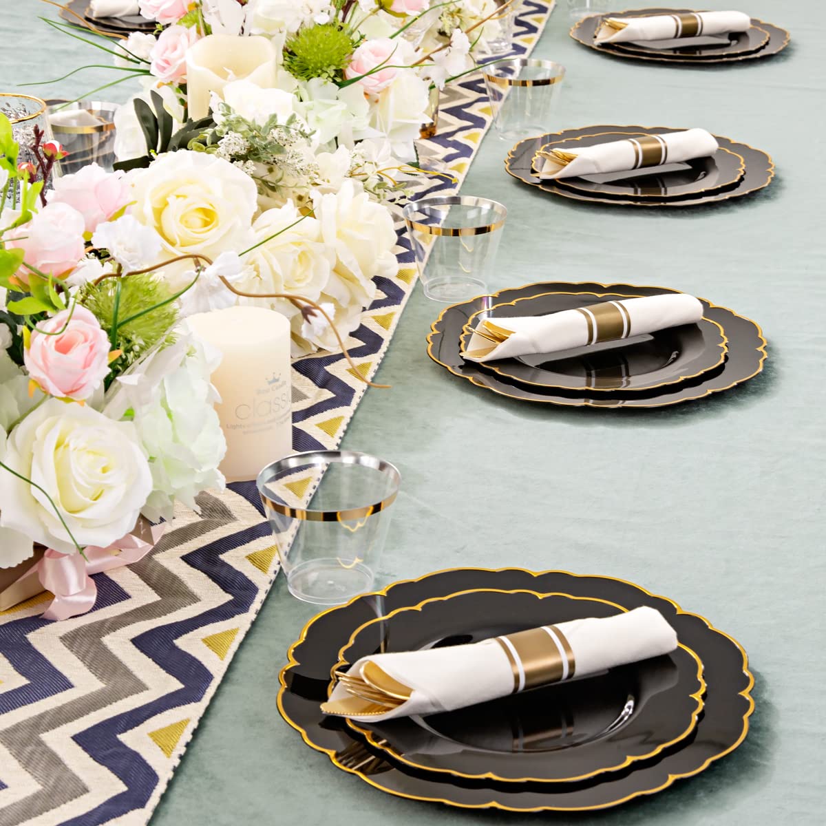 Morejoy 175-Piece Black Gold Plastic Dinnerware Set - 50 Plates, 25 Spoons, 25 Forks, 25 Knives, 25 Cups - Elegant Disposable Tableware for Weddings, Parties, Birthdays & New Year Celebrations - Perfect for Indoor & Outdoor Events, Catering, and Special Occasions