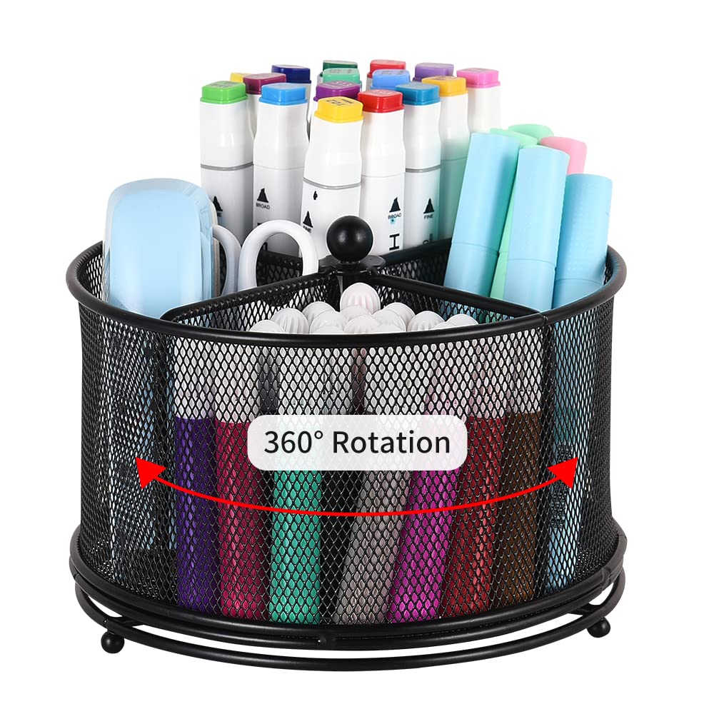 360-Degree Rotating Pencil Holder Organizer with 4 Compartments - Art Supply Storage for Pens, Markers & Stationery - Perfect for School, Office & Craft Rooms (Black)