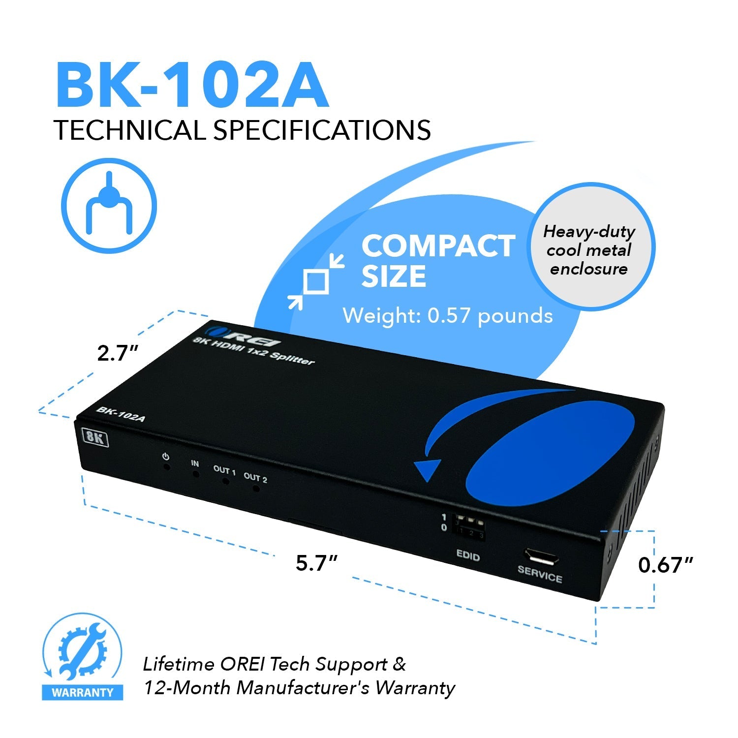 1x2 HDMI Splitter with Audio Out - 1 Input 2 Output, UltraHD 8K, EDID (BK 102A) - Perfect for Home Theater & Multi-Screen Gaming Setup