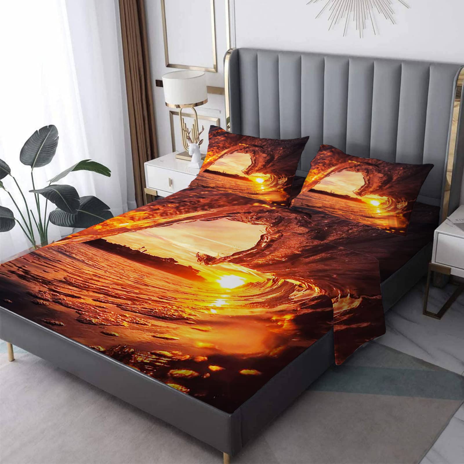 Golden Waves Printed 4-Piece Bed Sheet Set - Soft & Breathable for Deep Pocket Mattresses - Perfect for Coastal Bedrooms