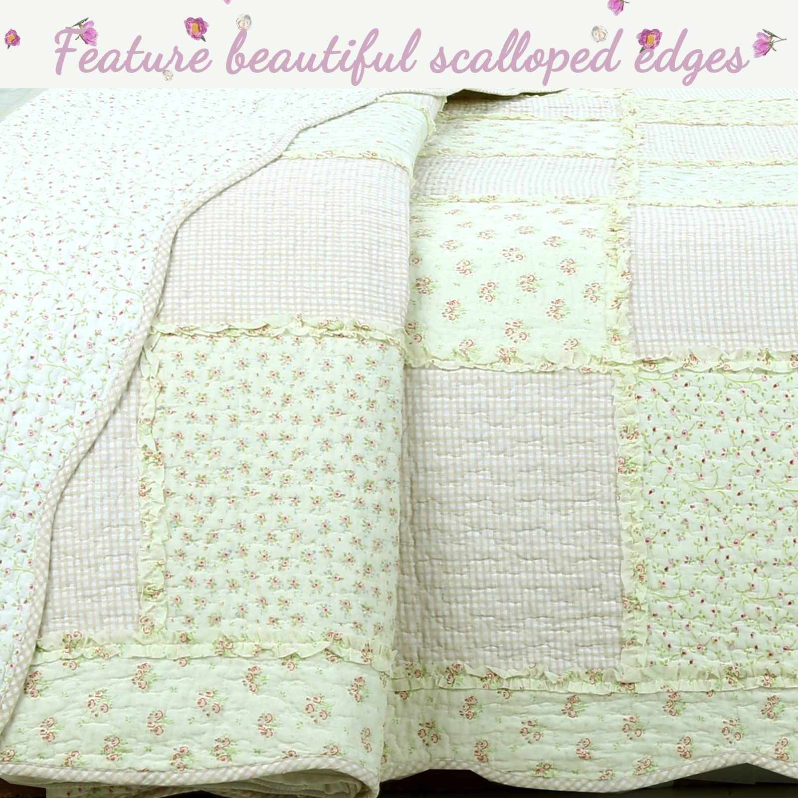 Cozy Line Home Fashions Sweet Light Peachy Pink Floral 3-Piece Patchwork Gingham Ruffle Scalloped Cotton Reversible Queen Quilt Bedding Set - Perfect for Master Bedroom, Guest Room & Cozy Farmhouse Decor