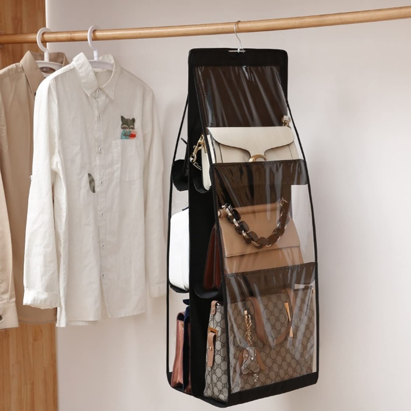 Banyakong 6-Pocket Clear Hanging Handbag Organizer - Foldable Purse Storage Hanger for Closet, Bedroom & Travel - Durable Oxford Cloth (Black) - Perfect for Organizing Purses, Scarves & Accessories