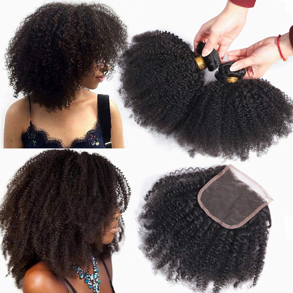100% Unprocessed Mongolian Afro Kinky Curly Human Hair Bundles with Closure for Black Women - 3 Bundles 4B 4C Virgin Hair Weave (12