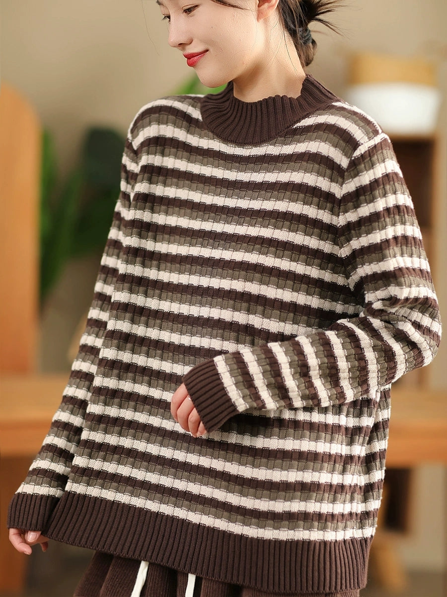 Women's Autumn Casual Striped Half Turtleneck Sweater - Cozy Knit Pullover for Fall Fashion, Layering & Office Wear