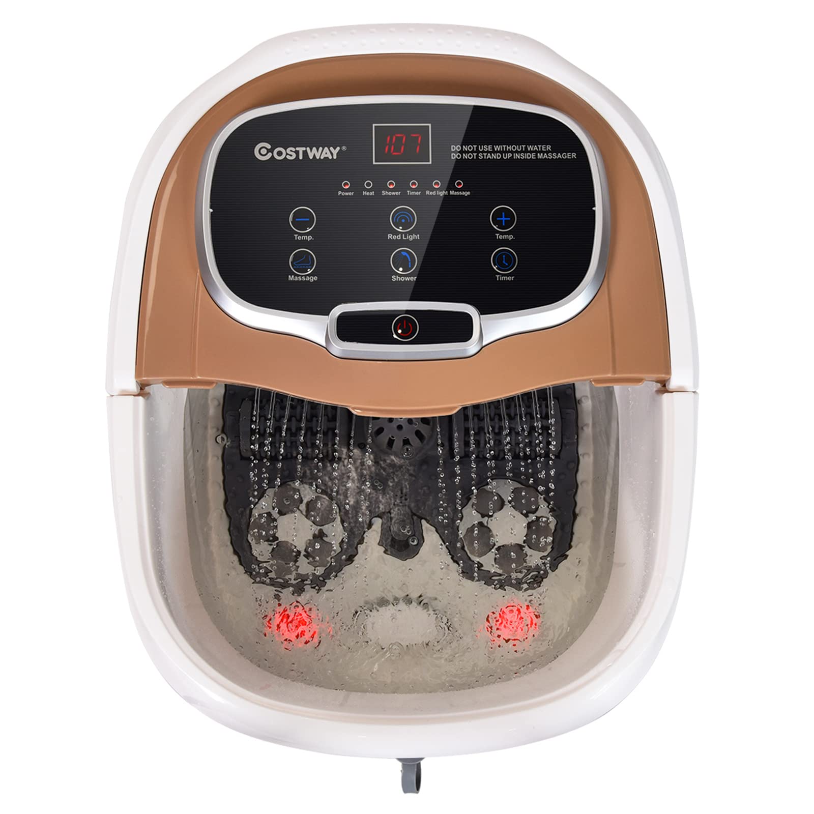 COSTWAY Electric Foot Spa Massager with Motorized Rollers, Shiatsu Massage, Heated Water, Red Light Therapy, Adjustable Temperature & Timer - Relaxing Foot Bath for Stress Relief & Circulation (Coffee) - Perfect for Home Spa, Post-Workout Recovery & Self-Care Evenings