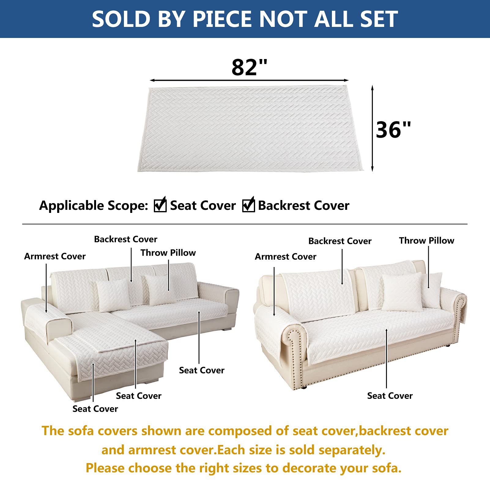 Eismodra 3-Cushion Couch Cover - Non-Slip Sectional Sofa Slipcover for Pets & Kids (White, 36''x82'') - Perfect for Living Room, Family Room & Home Theater Seating Protection