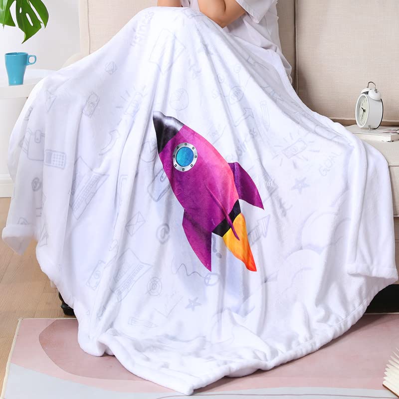 3D White Space Rocket Throw Blanket - Soft & Cozy Planet Spaceship Blanket for Kids & Toddlers - Perfect for Boys' Room Decor, Stargazing & Bedtime - 50