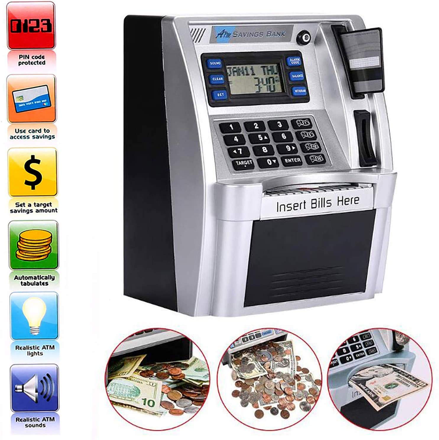 2024 Upgraded ATM Piggy Bank for Kids & Adults - Electronic Money Saving Box with Card, Password Login, Coin & Bill Recognition, Balance Calculator - Perfect for Financial Education, Allowance Management & Home Savings (White)