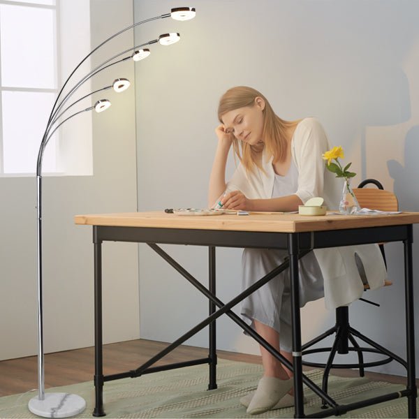 5-Head Adjustable Arc Floor Lamp - Modern Spider Design with 5 Flexible Arms, 3 Brightness Levels (Warm White/Silver) - Perfect for Living Room, Bedroom & Office Lighting