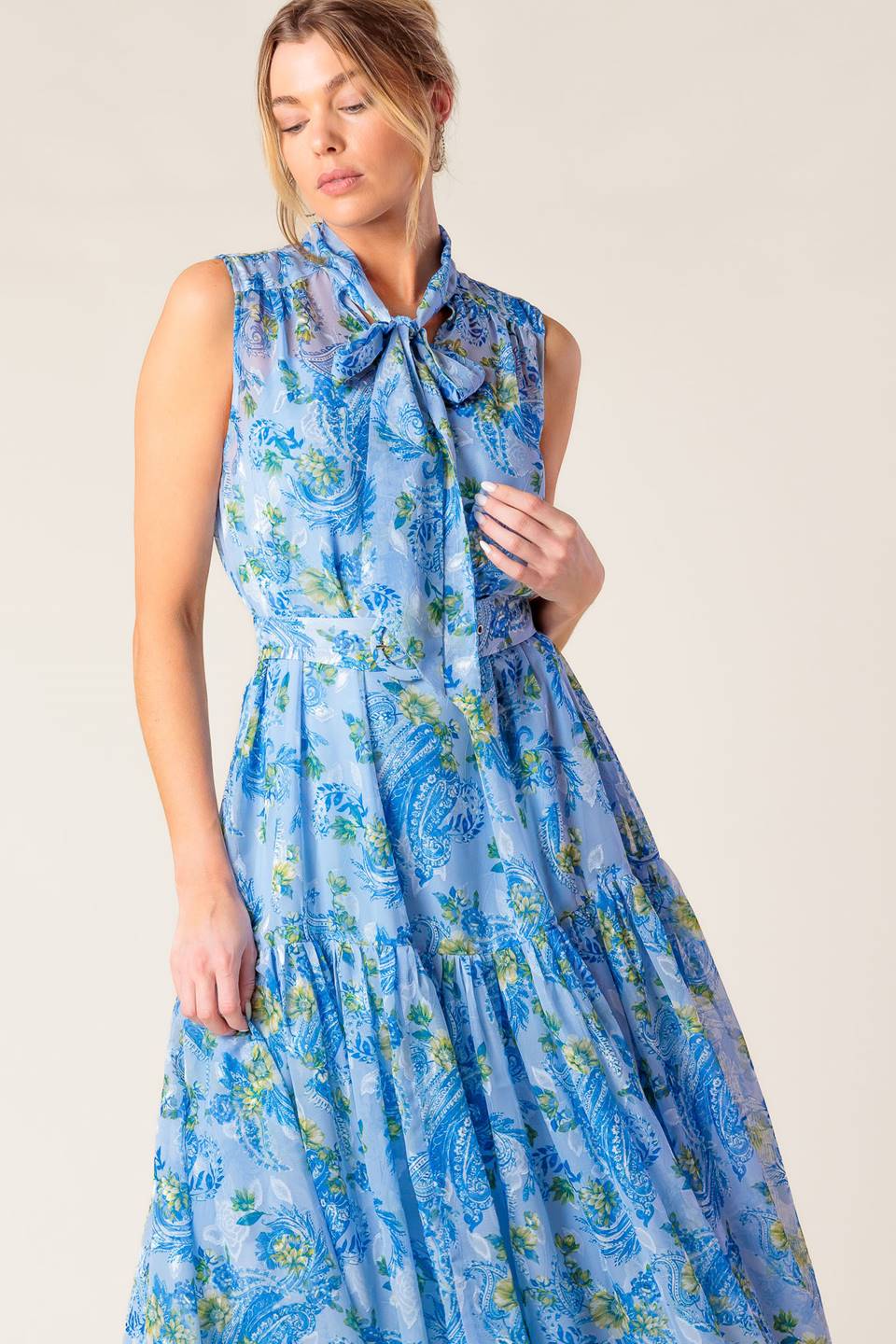 EVER AFTER BOW TIE MIDI DRESS in Powder Blue - Elegant A-Line Flowy Formal Dress for Weddings, Parties & Special Occasions