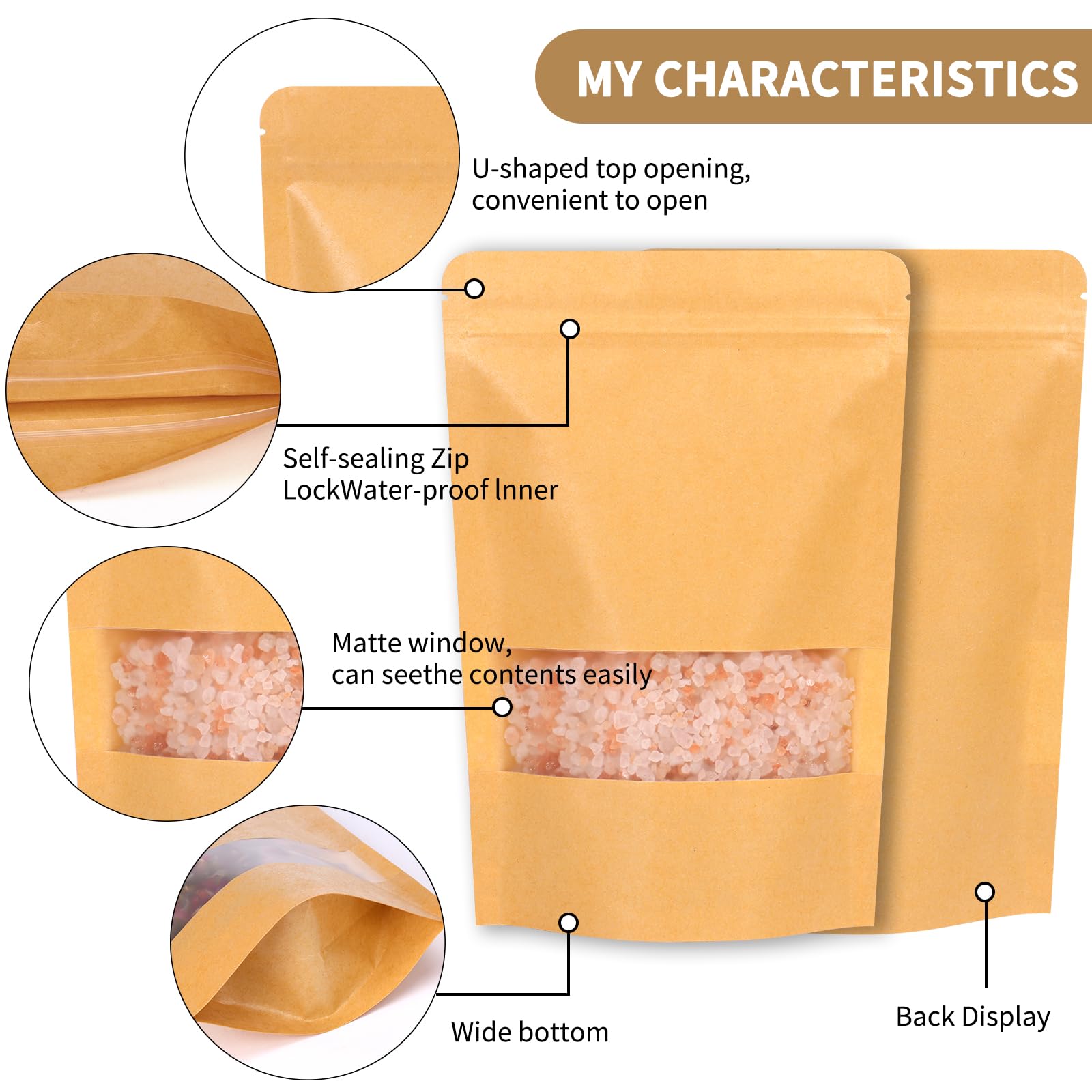 Moretoes 120pcs Resealable Kraft Bags with Window - 5.9×8.6 Inches Stand Up Mylar Bags for Coffee, Candy & Food Storage | Airtight Ziplock Packaging for Home, Business & Retail Use | Perfect for Organizing Snacks, Bulk Items & Small Products