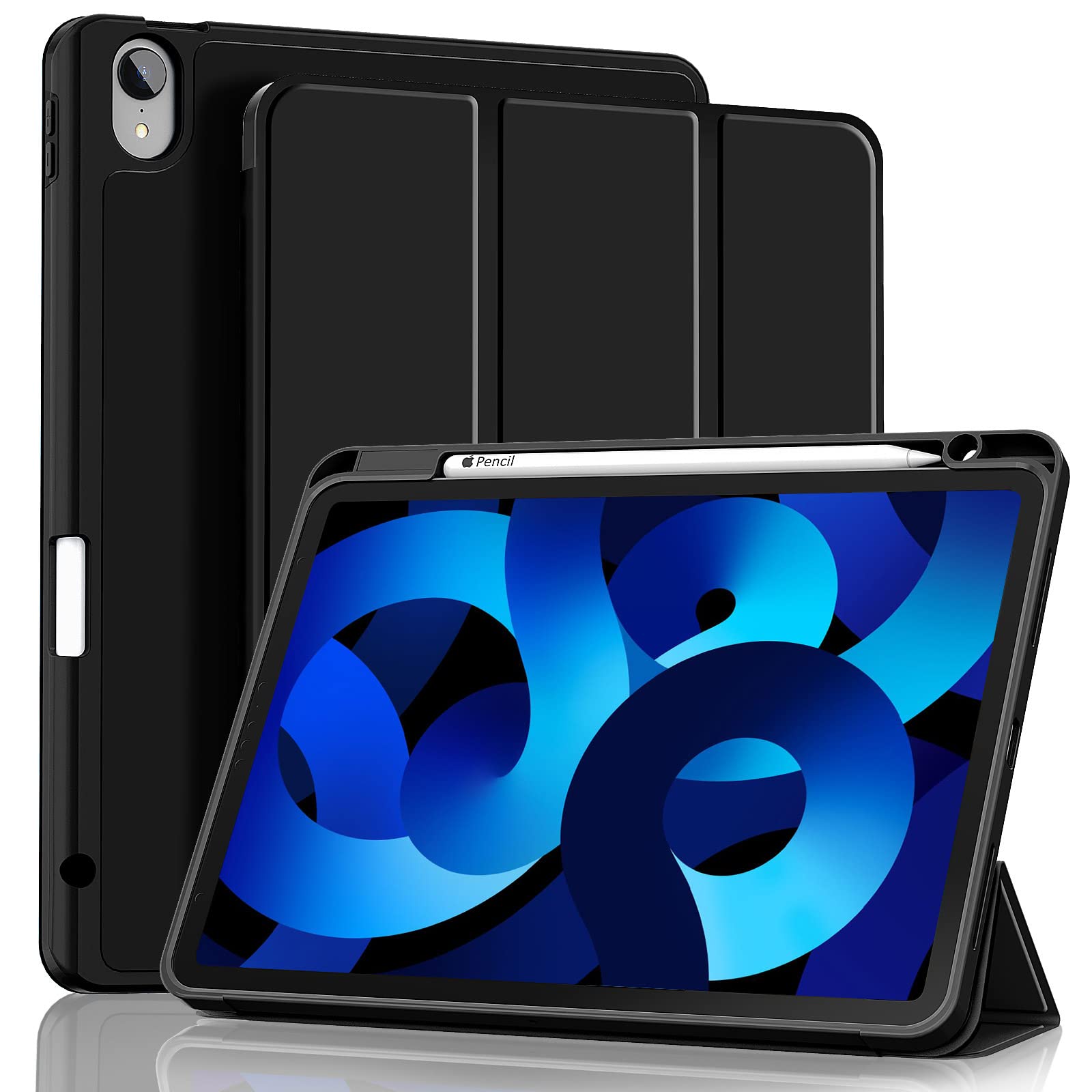 Hoidokly iPad Air 5th/4th Generation Case 10.9 Inch (2022/2020 Model) - Slim Trifold Stand Smart Folio Cover with Apple Pencil Holder, Supports Touch ID & 2nd Gen Pencil Charging - Perfect for Work, Study & Travel (Black)
