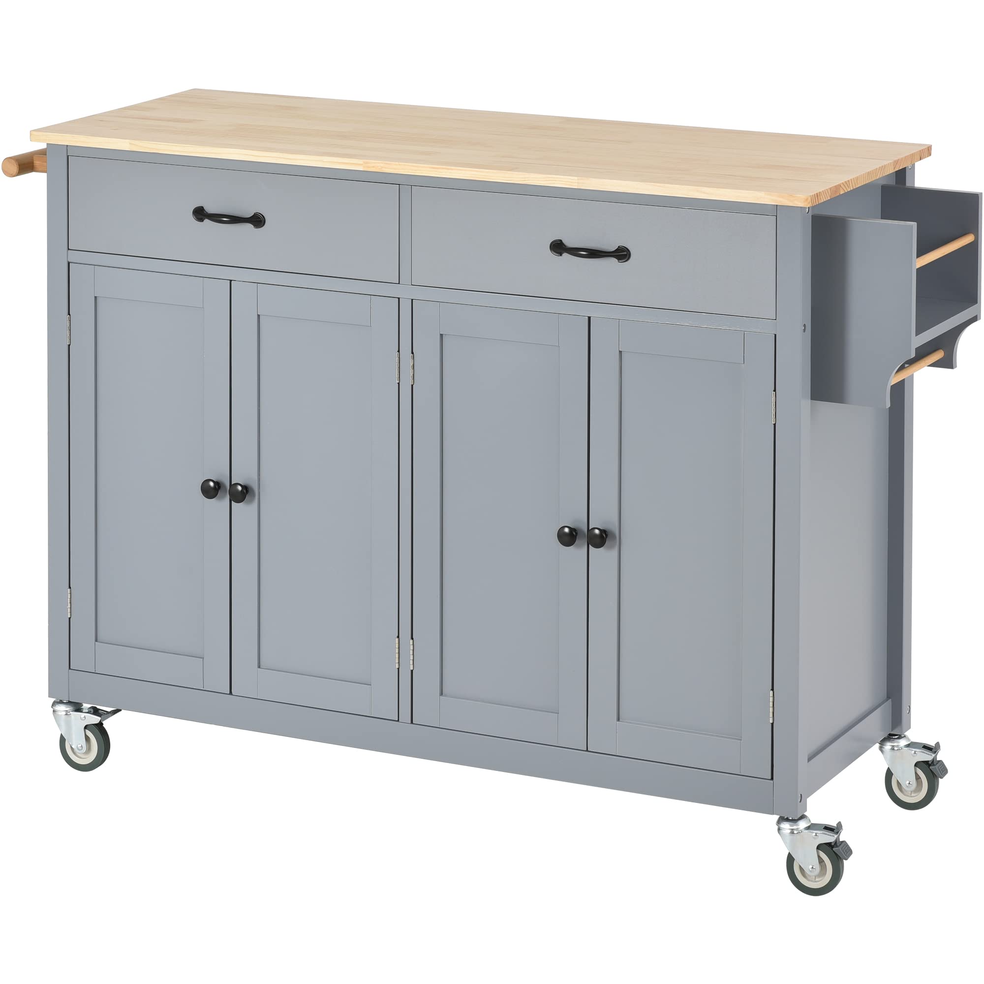 MERITLINE Mobile Kitchen Island with Storage & Wheels, Rolling Kitchen Cart Cabinet with Adjustable Shelves, Drawer, Spice & Towel Rack, Large Solid Wood Top - Grey | Portable Workstation for Small Kitchens, Dining Room Organizer, Breakfast Bar & Food Prep Station