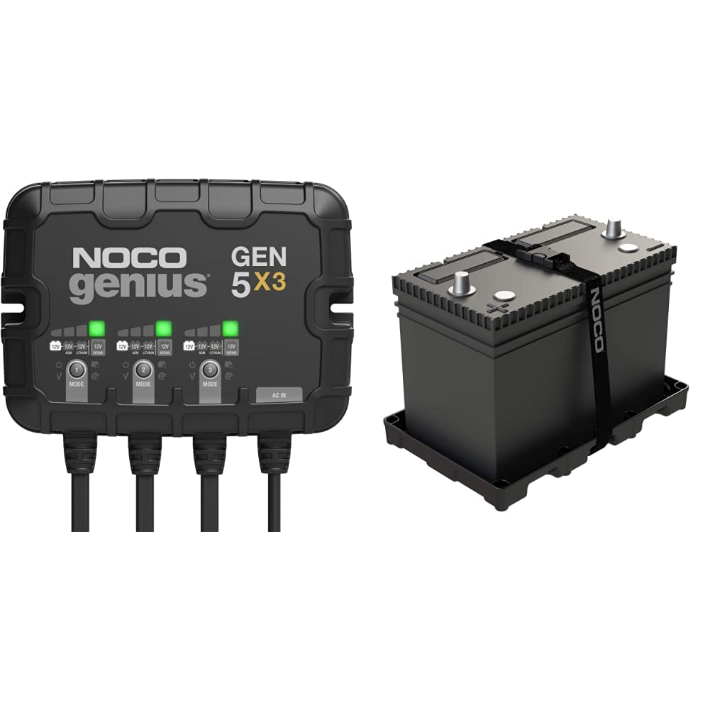 NOCO Genius GEN5X3 3-Bank 15-Amp Smart Marine Battery Charger (5-Amp Per Bank) with BT27S Heavy-Duty Battery Tray - Automatic Charging for Marine, RV, Camper & Trailer Batteries - Perfect for Boat Maintenance, Off-Grid Power & Long-Term Storage