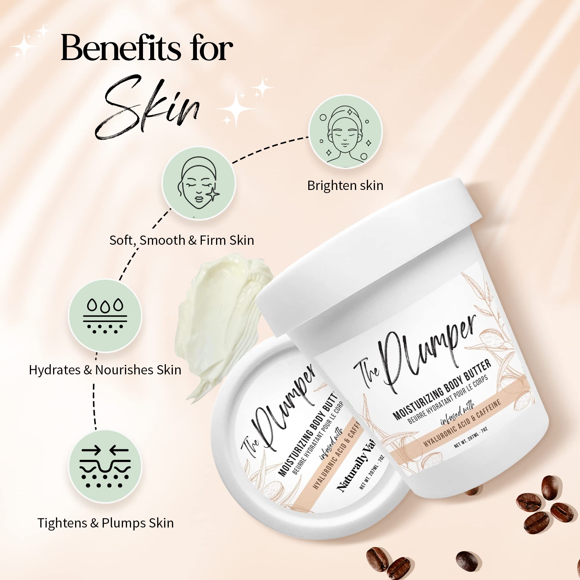 **Plumper Moisturizing Body Butter & Lotion for Dry Skin - Shea Butter, Cocoa Butter, Hyaluronic Acid & Caffeine - Firm & Smooth Skin Care - Perfect for Daily Hydration & Post-Shower Use**