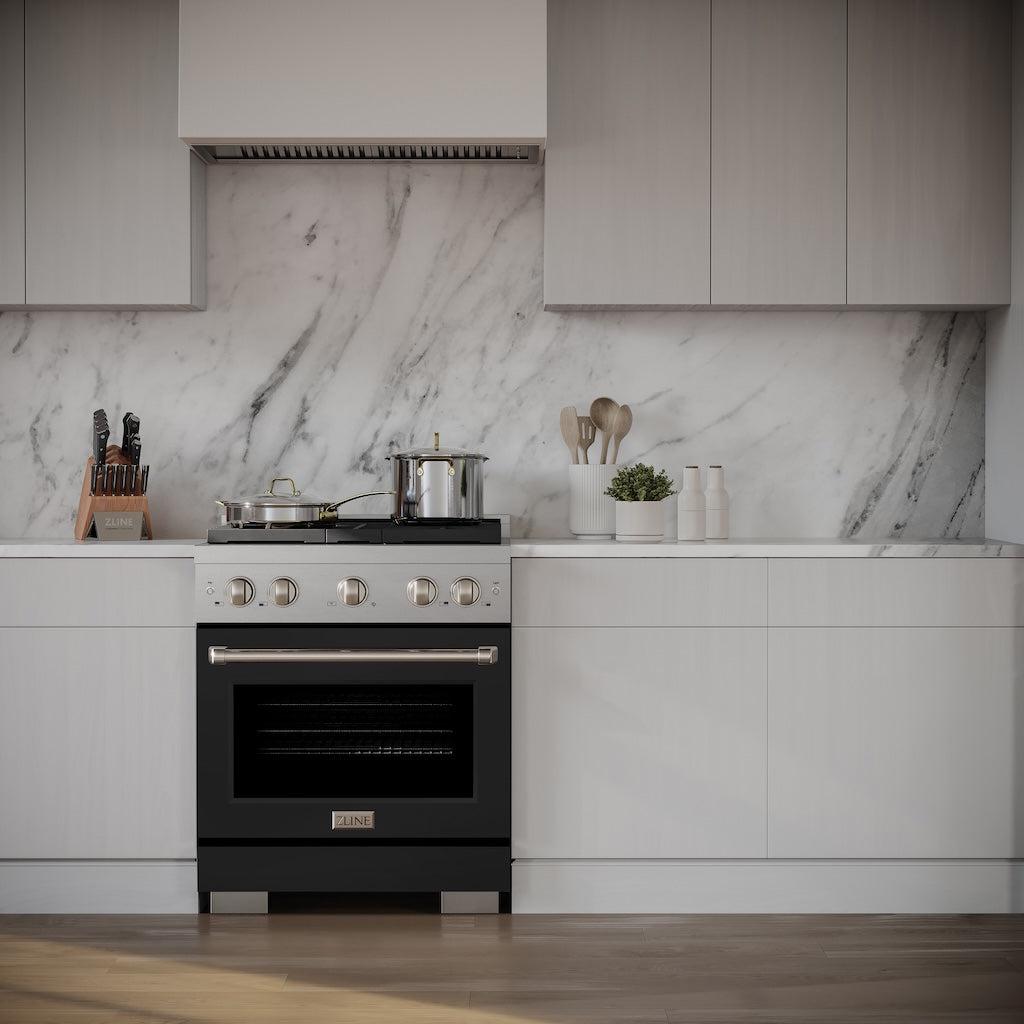 ZLINE 30 Inch 4.2 Cu. Ft. Stainless Steel Gas Range with 4 Burner Cooktop & Convection Oven - Black Matte Door (SGR BLM 30) - Perfect for Modern Kitchens, Home Chefs & Entertaining