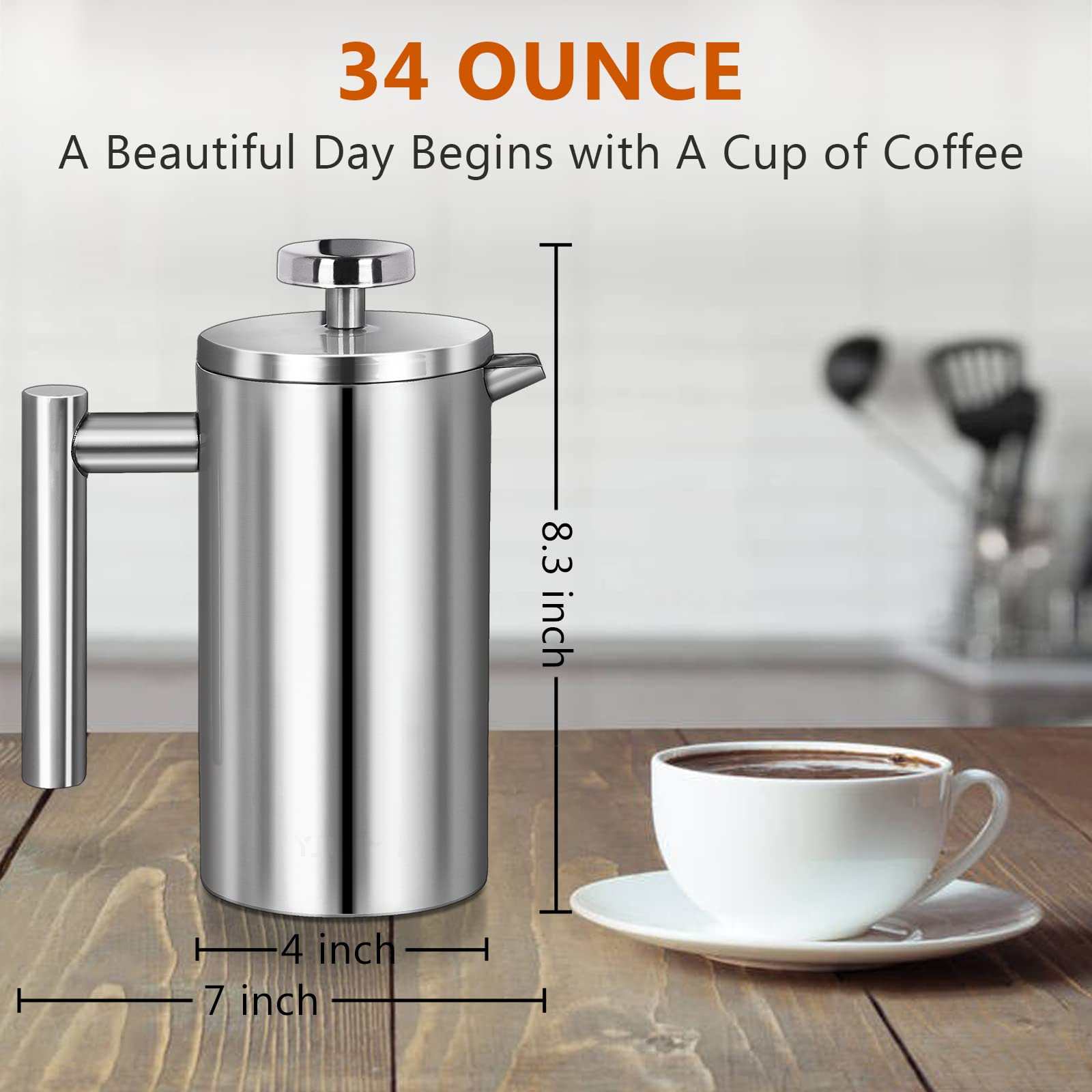 Premium Stainless Steel French Press Coffee Maker - 34oz/1000ml Double Wall Insulated for Hot Coffee & Tea - Includes 3 Extra Filters & Measuring Spoon - Ideal for Home, Office & Camping Use - Silver