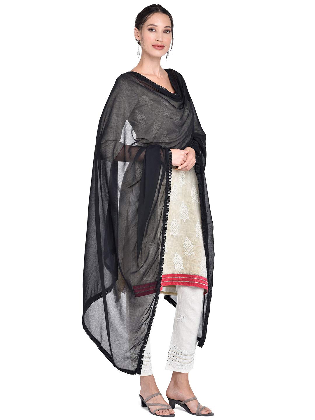 DUPATTA BAZAAR Women's Black Pure Chiffon Dupatta Scarf with Elegant Lace Trim - Perfect for Weddings, Parties, and Traditional Outfits