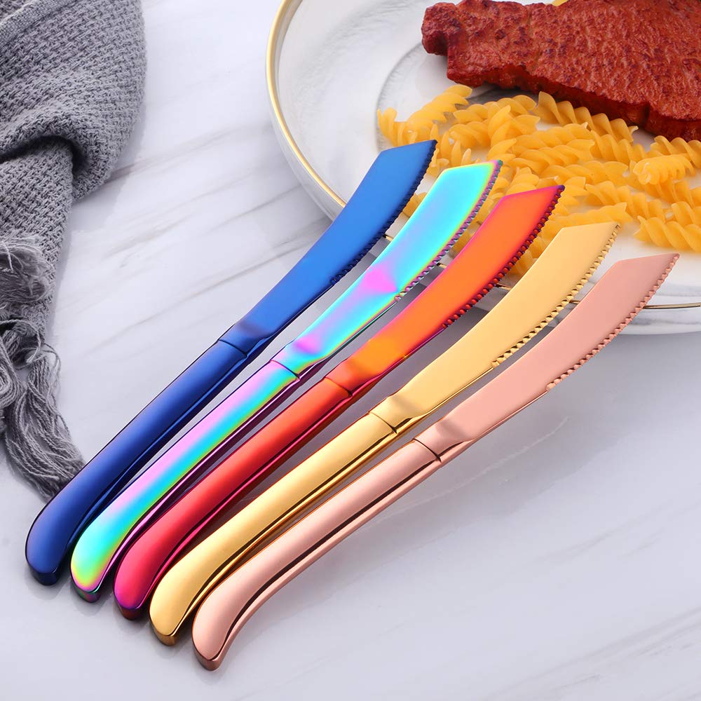 Premium 6-Piece Steak Knife Set - Serrated Stainless Steel Blades, Dishwasher Safe - Elegant Mix-Color Handles for Steak Dinners & BBQ Parties by QIBORUN - Perfect for Home Dining, Restaurant Use & Gift Giving