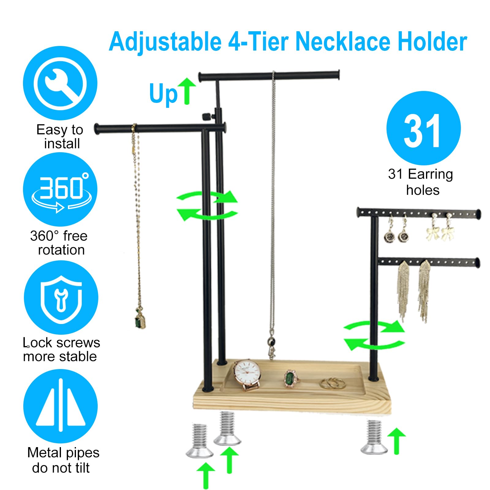Premium 4-Tier Jewelry Stand Organizer - Adjustable Necklace & Earring Holder Display (20