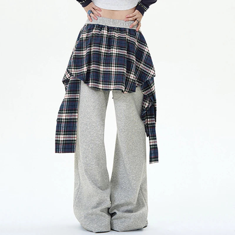 Trendy American Style Men's Sweatpants - High Street Fake Two-Piece Spliced Plaid Peplum Design Solid Color Casual Pants 9W1857 | Perfect for Gym, Lounge & Streetwear Fashion