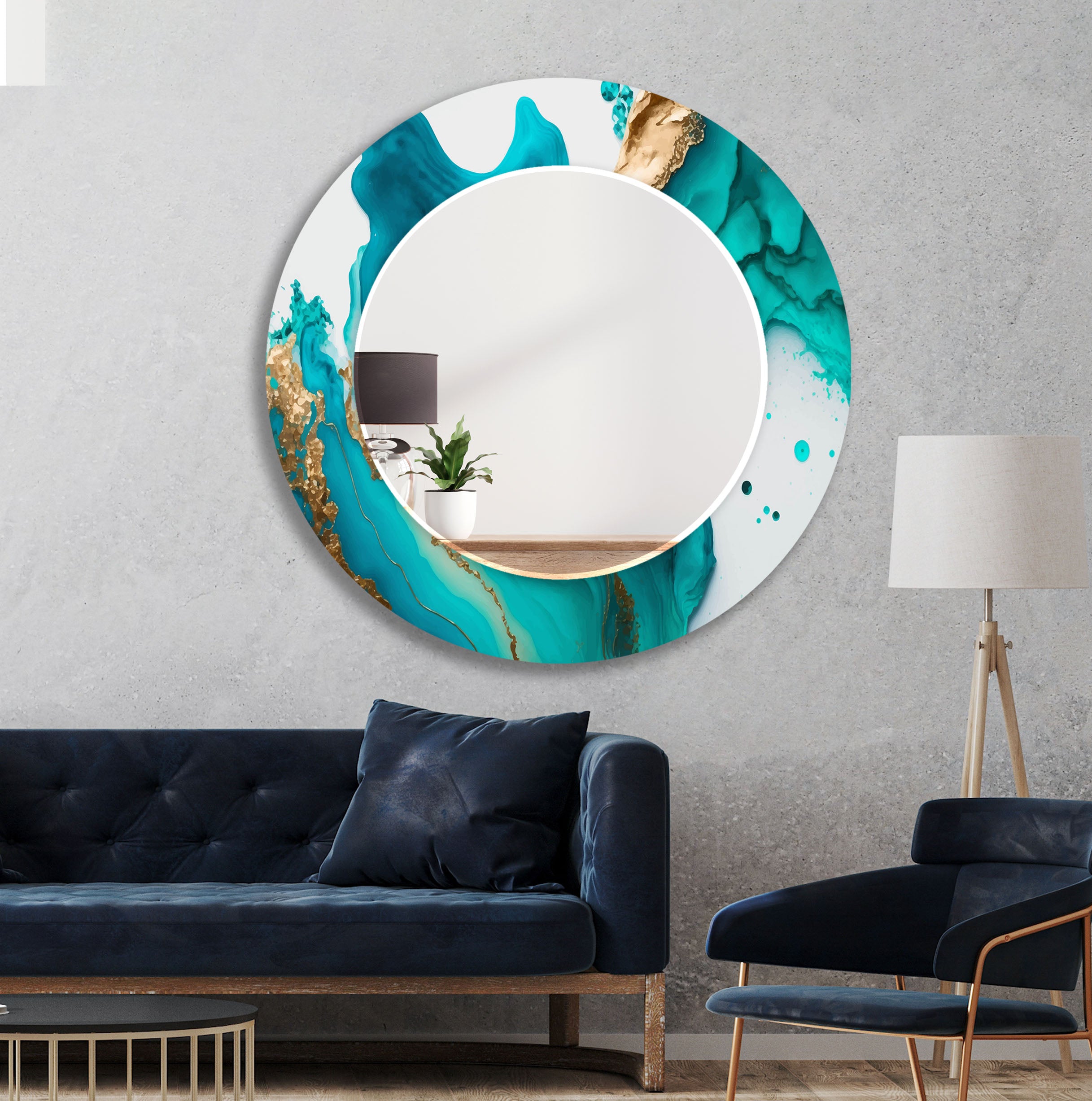 Aqua Marble Glass Wall Mirror with Turquoise Abstract Frame - Elegant Bathroom & Bedroom Decor for Modern Homes