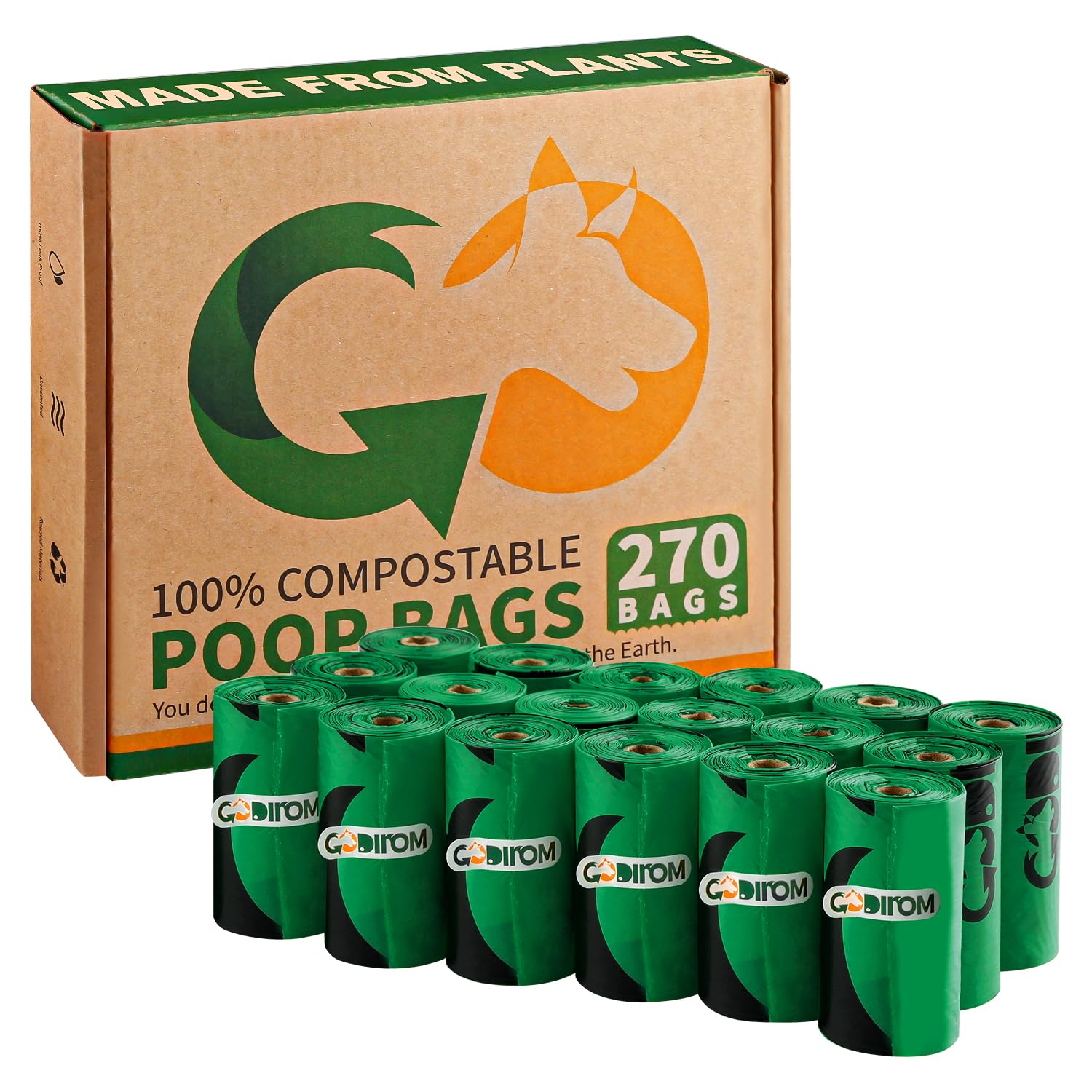 Certified 100% Compostable Dog Poop Bags - 270 Count Leak Proof Extra Thick (18 Microns) Eco-Friendly Waste Bags - 18 Rolls Plant-Based ASTM D6400 & EN13432 Certified - Perfect for Park Walks, Backyard Cleanup & Travel