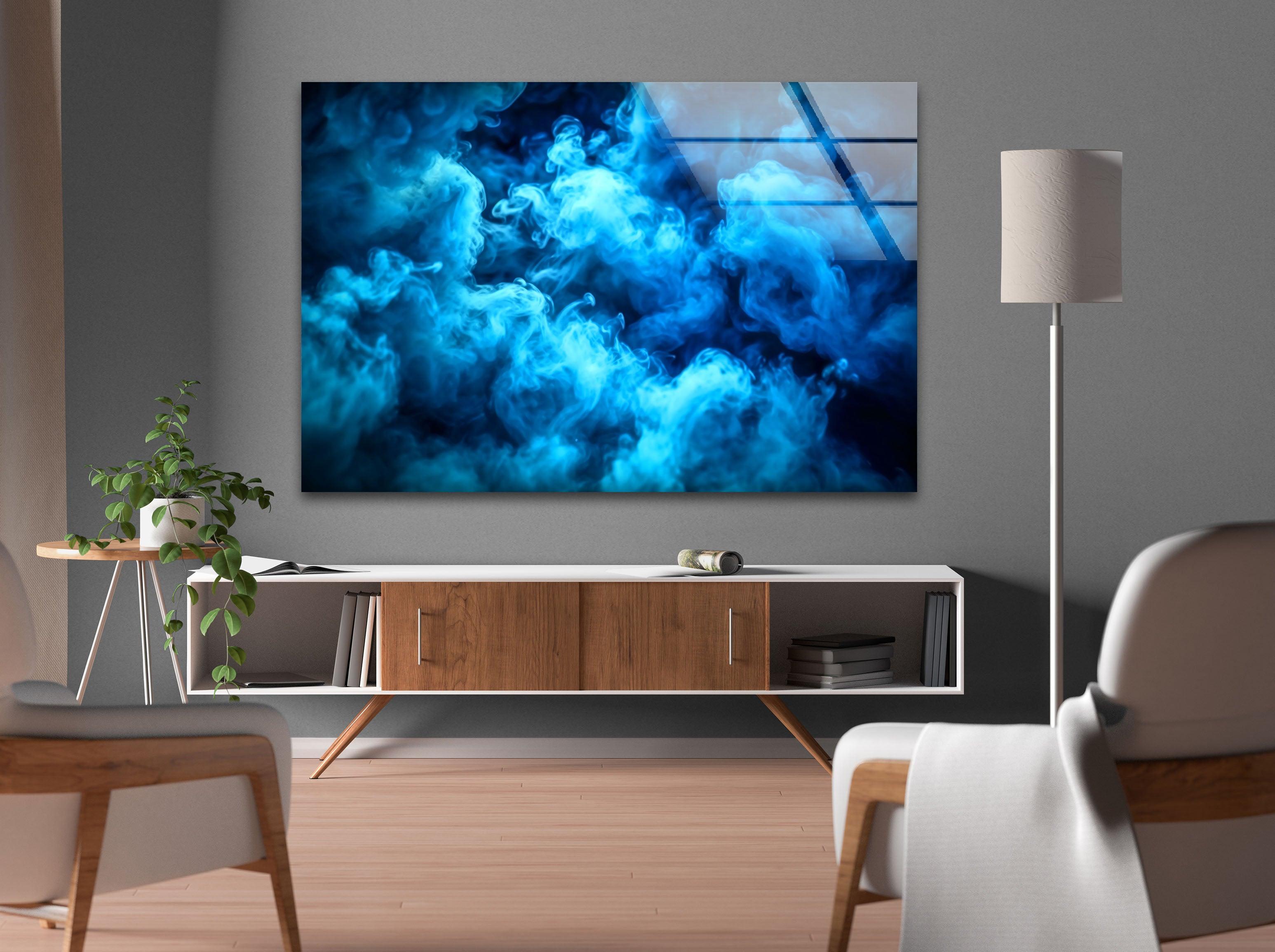 Blue Smoke Glass Wall Art - Modern Abstract Decor for Living Room, Bedroom & Office - Handmade Glass Artwork for Home & Office Decor