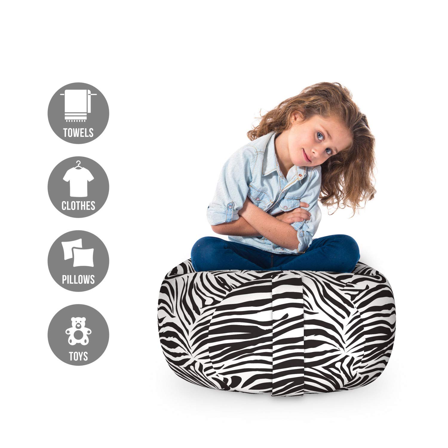 Ambesonne Zebra Print Storage Toy Bag Chair - Striped Animal Print Organizer for Stuffed Animals, Washable Small Size in White Charcoal - Perfect for Kids' Room, Playroom & Nursery Organization