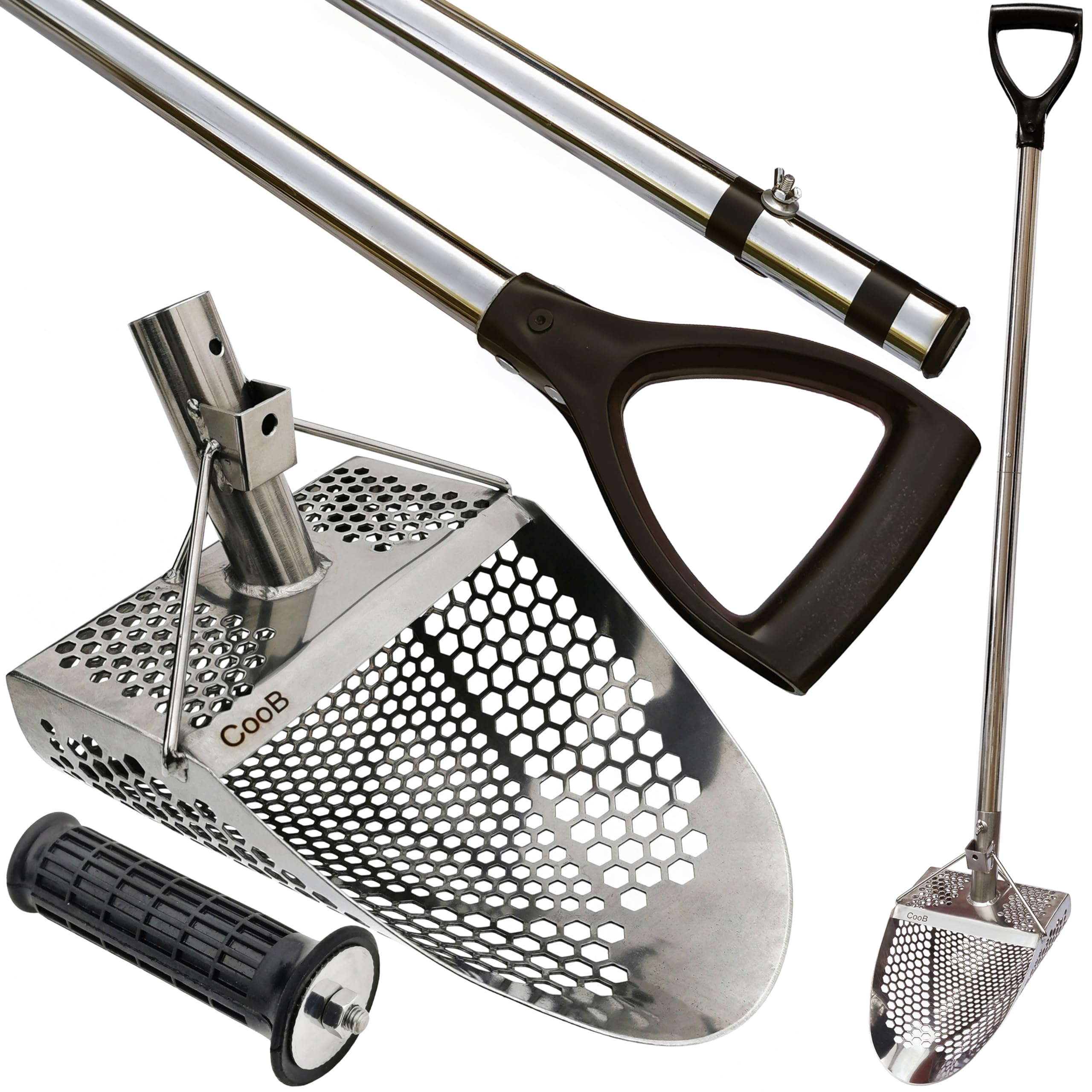 Stainless Steel Beach Sand Scoop for Metal Detecting - CooB Heavy Duty Treasure Hunting Shovel with Travel Handle Pole (Hex7 v2) | Perfect for Beachcombing, Gold Prospecting & Outdoor Adventures