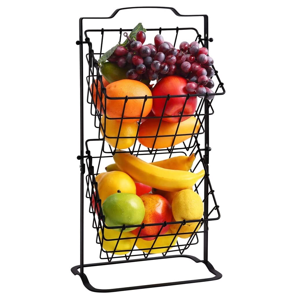 2-Tier Metal Fruit Basket Stand - Detachable Kitchen Countertop Storage Holder for Fruits, Vegetables, Bread & Snacks | Black Serving Tray for Dining Room, Pantry & Party Buffet