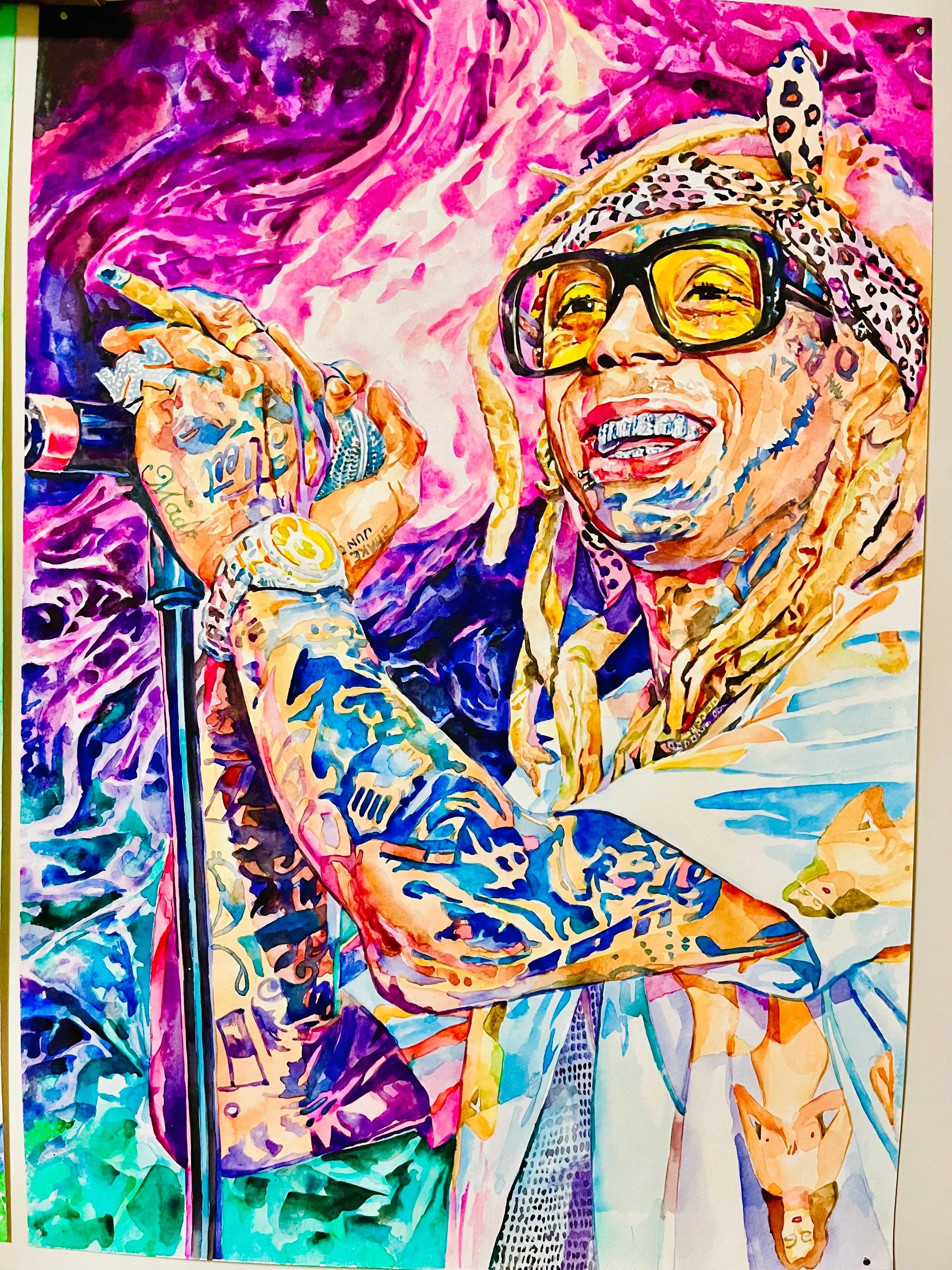 Authentic Lil Wayne Watercolor Painting - Hand Painted Original Artwork for Home Decor, Music Lover Gifts & Fan Collections
