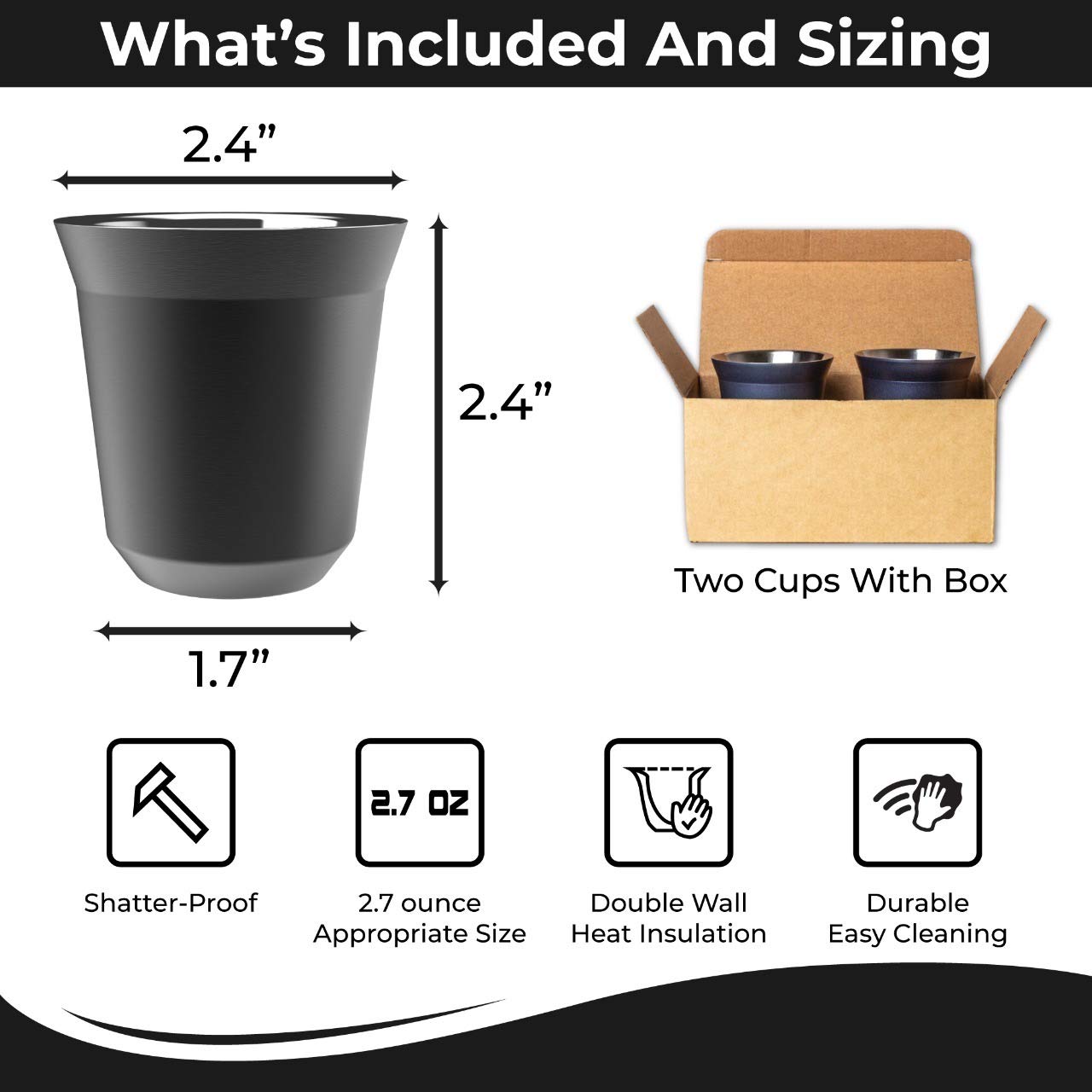 2-Pack Stainless Steel Espresso Cups - 80ml Heat-Resistant Double-Walled Espresso Glasses - Insulated Coffee Mugs for Home & Cafe Use (Black) - Perfect for Espresso, Cappuccino & Latte