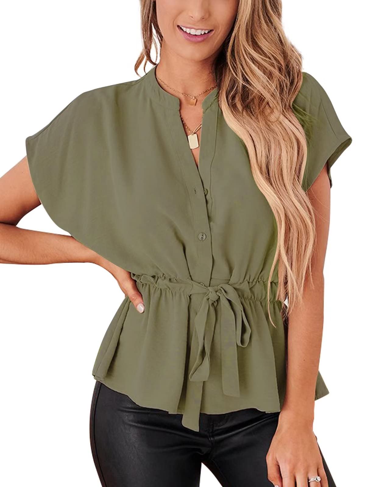 Women's Casual Peplum Button Down Blouse - Chiffon Summer Work Tops for Office & Dressy Occasions | Flowy Shirt for Business, Date Night & Professional Wear