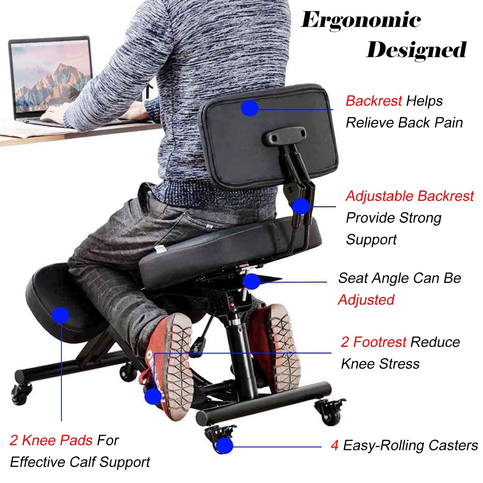 Adjustable Height Ergonomic Kneeling Chair with Wheels, Backrest & Foot Pedals - Mobile Cross-Legged Posture Support for Home Office, Yoga & Meditation | Perfect for Remote Workers, Gamers & Back Pain Relief