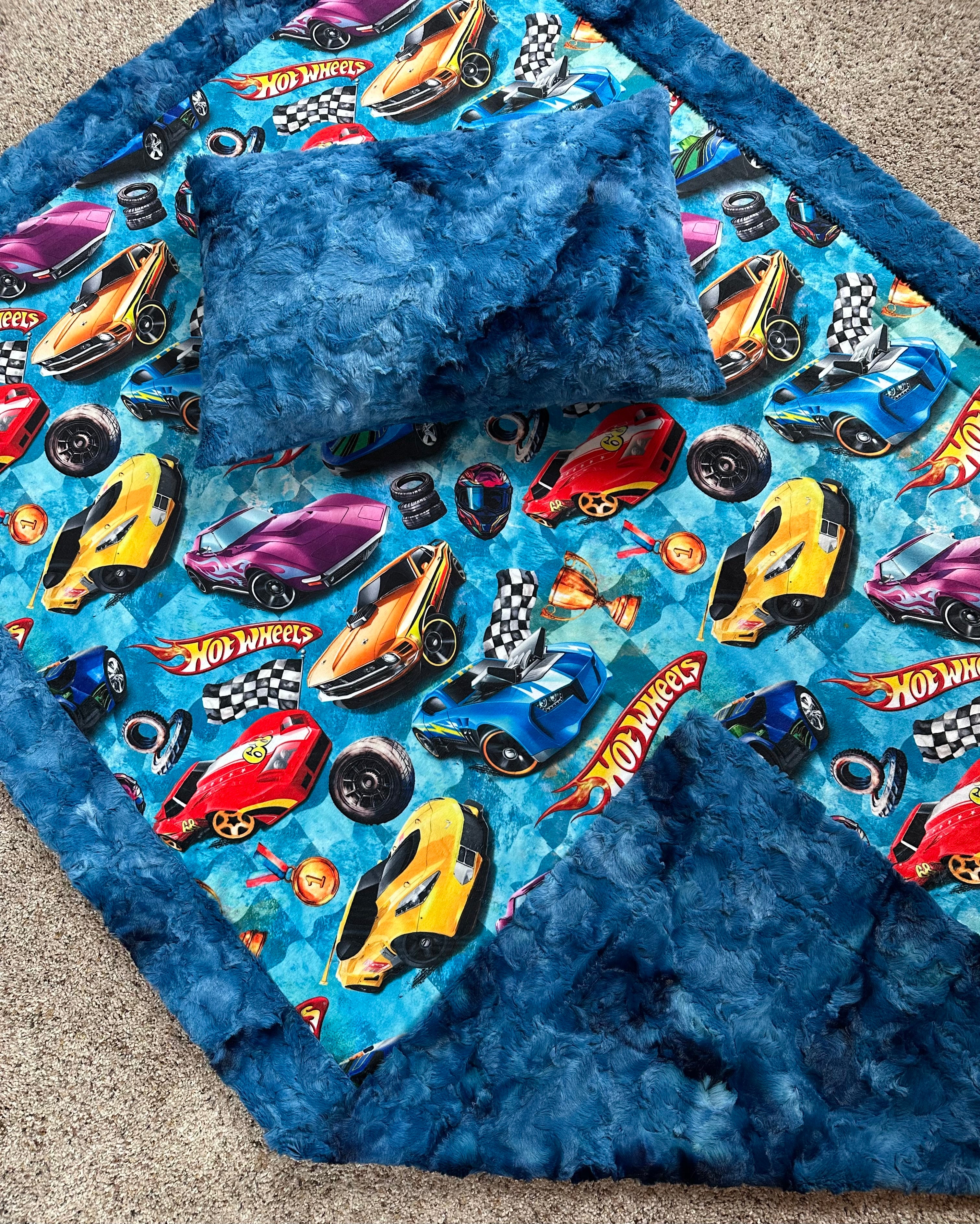 Blue Luxe Minky Blanket 42x60 with Pillowcase for Kids - Soft Racing Car Themed Blanket for Boys & Girls - Perfect for Bedtime, Nursery, and Gift Giving