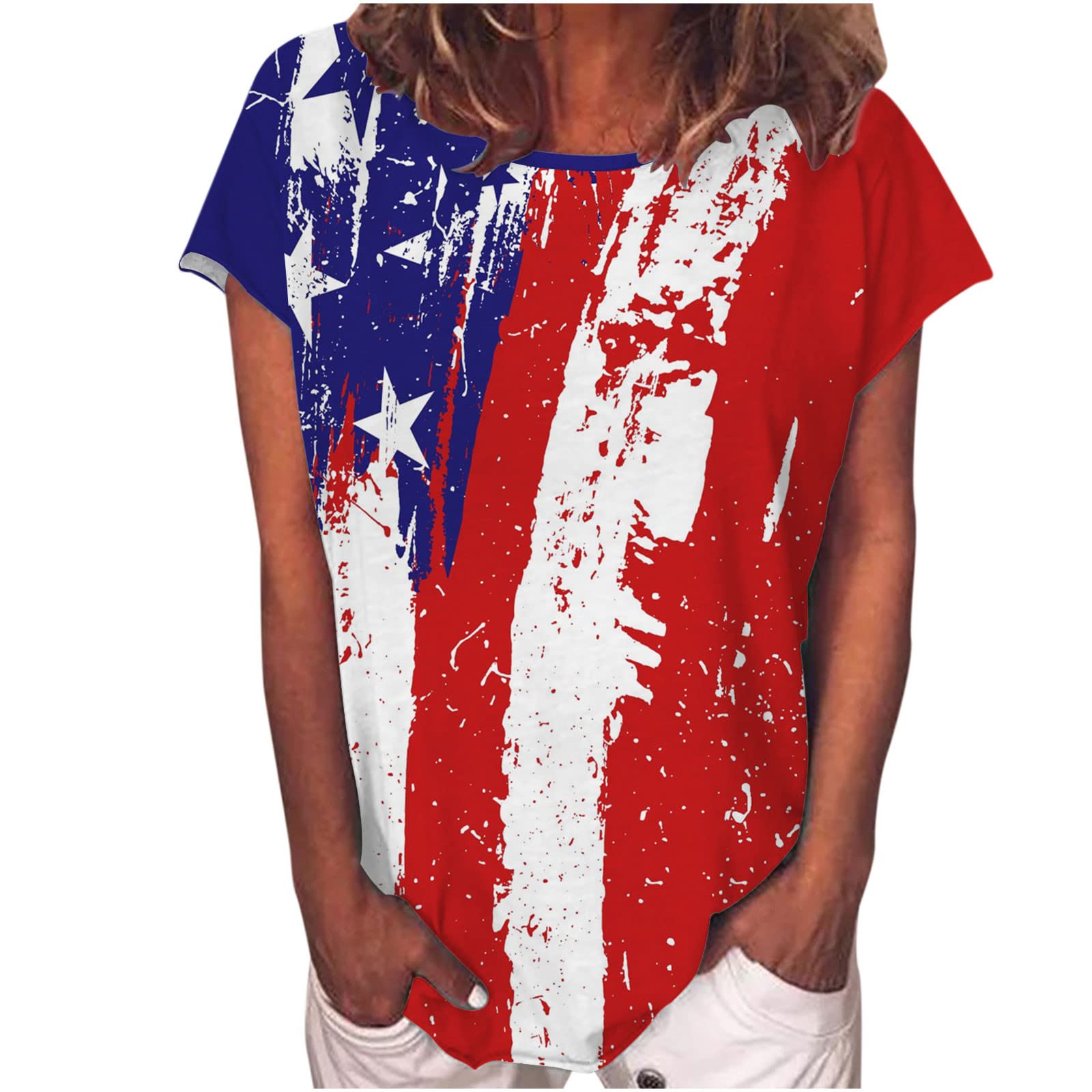Vintage American Flag Graphic T-Shirts for Women - 4th of July Patriotic Short Sleeve Blouses, Loose Fit Crewneck Summer Tops | Perfect for Independence Day Celebrations, BBQ Parties & Casual Outings