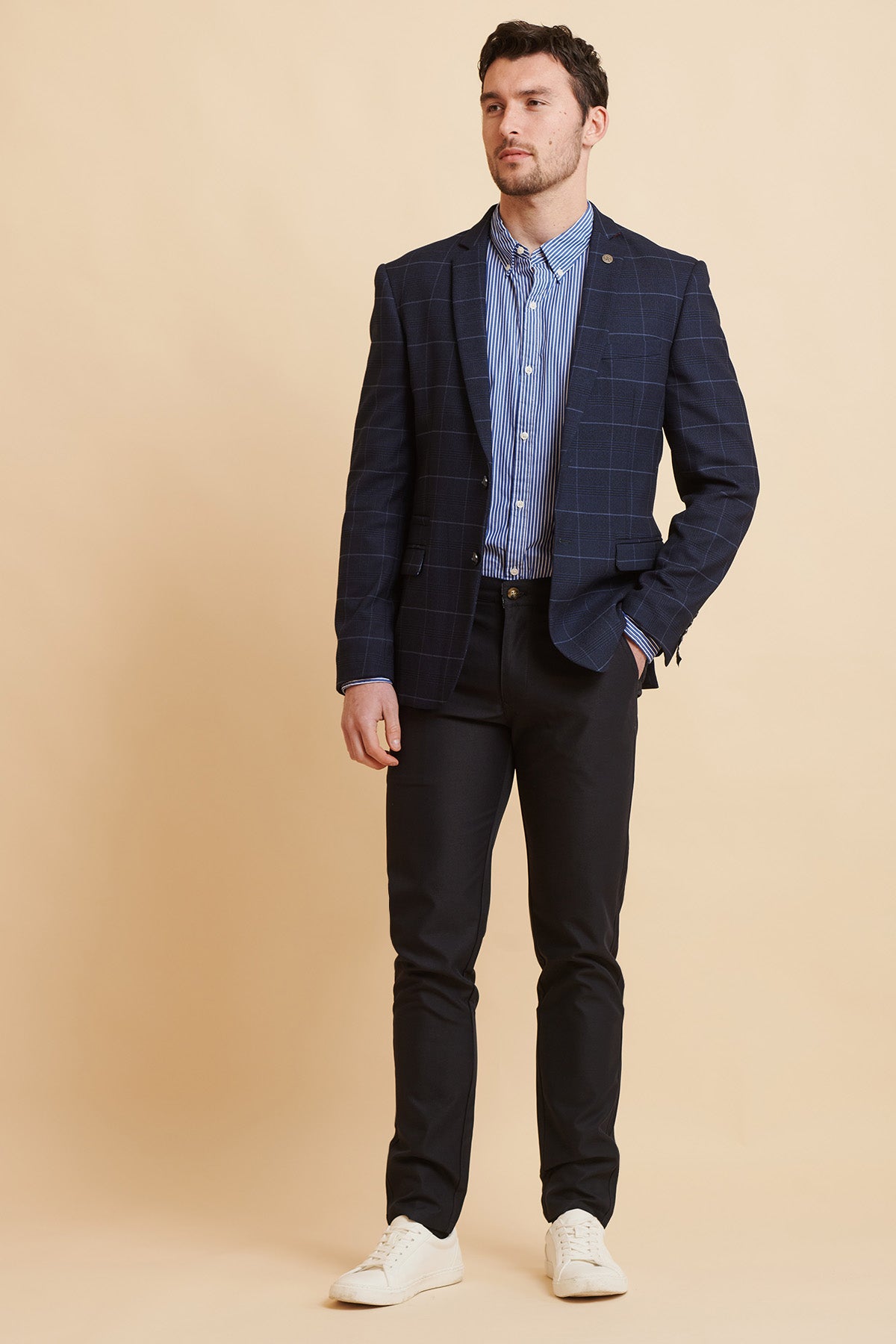 EDINSON Navy Sky Check Blazer for Men - Stylish Slim Fit Business Jacket - Perfect for Office, Weddings & Formal Events