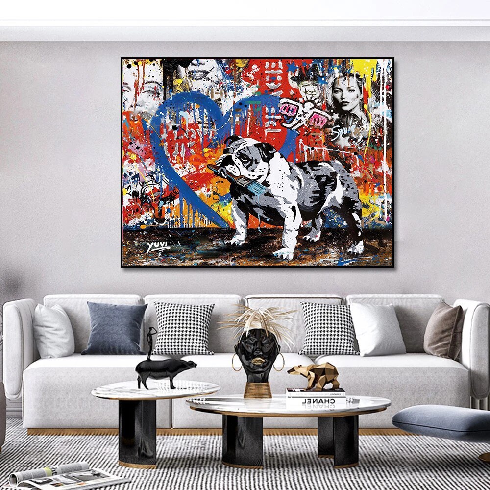 Urban Street Graffiti Art Dog Canvas Wall Painting - Modern Home Decor for Living Room, Bedroom & Office