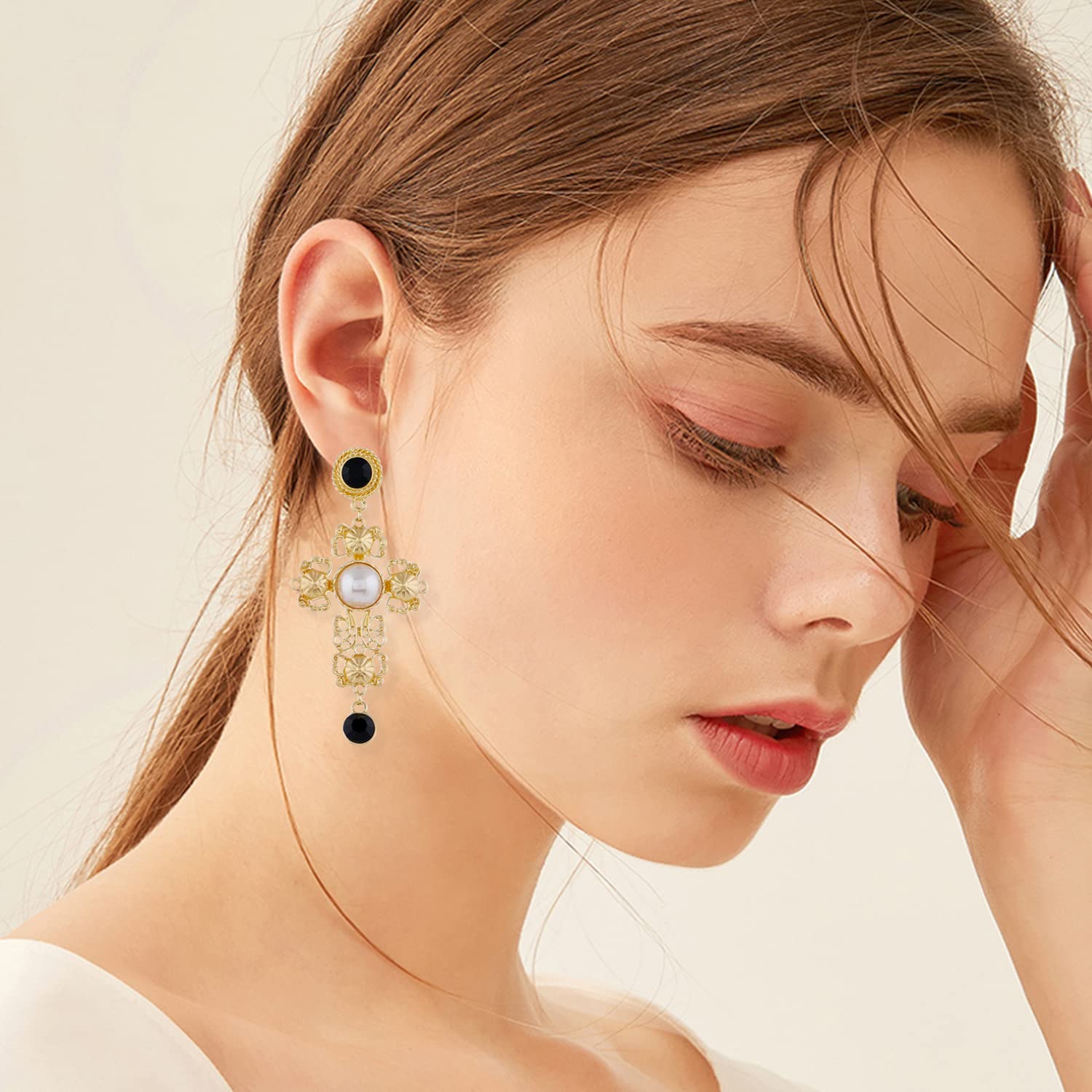 Stylish Gold Cross Red Heart Earrings with Sparkling Crystals - Baroque Hollow Drop Dangle Earrings for Women & Teens - Perfect for Parties, Nightlife, and Special Occasions