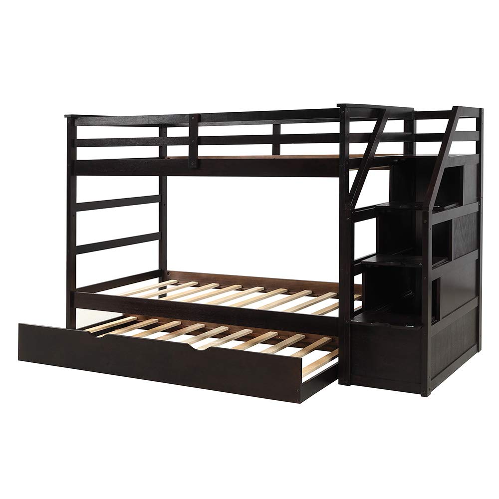 Premium Twin Over Twin Bunk Bed Frame with Trundle & Storage Stairs - Solid Wood Construction, Slat Support & Safety Guard Rail - No Box Spring Needed - Easy Assembly - Espresso Finish - Perfect for Kids' Bedrooms, Guest Rooms & Space-Saving Solutions