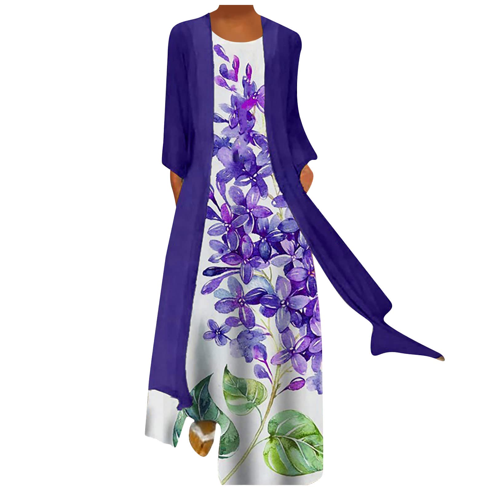 Elegant Summer Two-Piece Dress Set for Women - Flowy Floral Print Sleeveless Dress with Chiffon Cardigan | Plus Size Outfits for Beach Vacation, Garden Party & Casual Wear